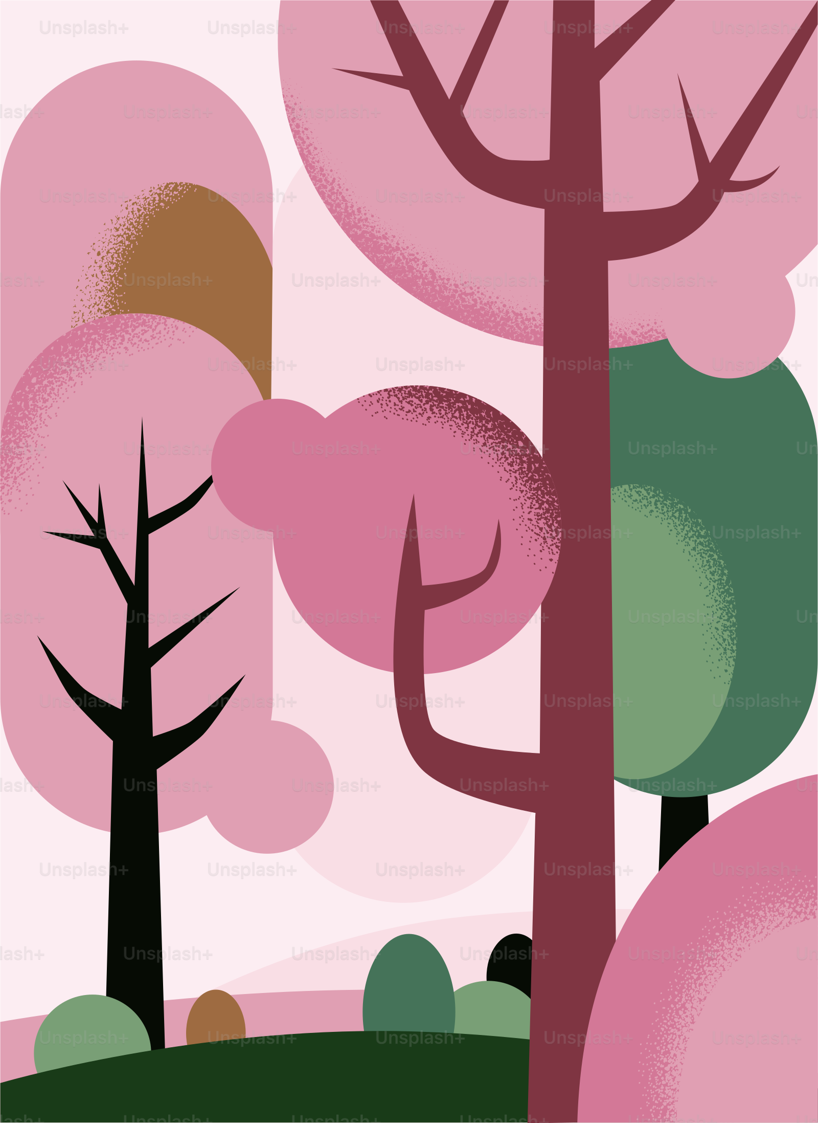 A painting of trees in a pink landscape