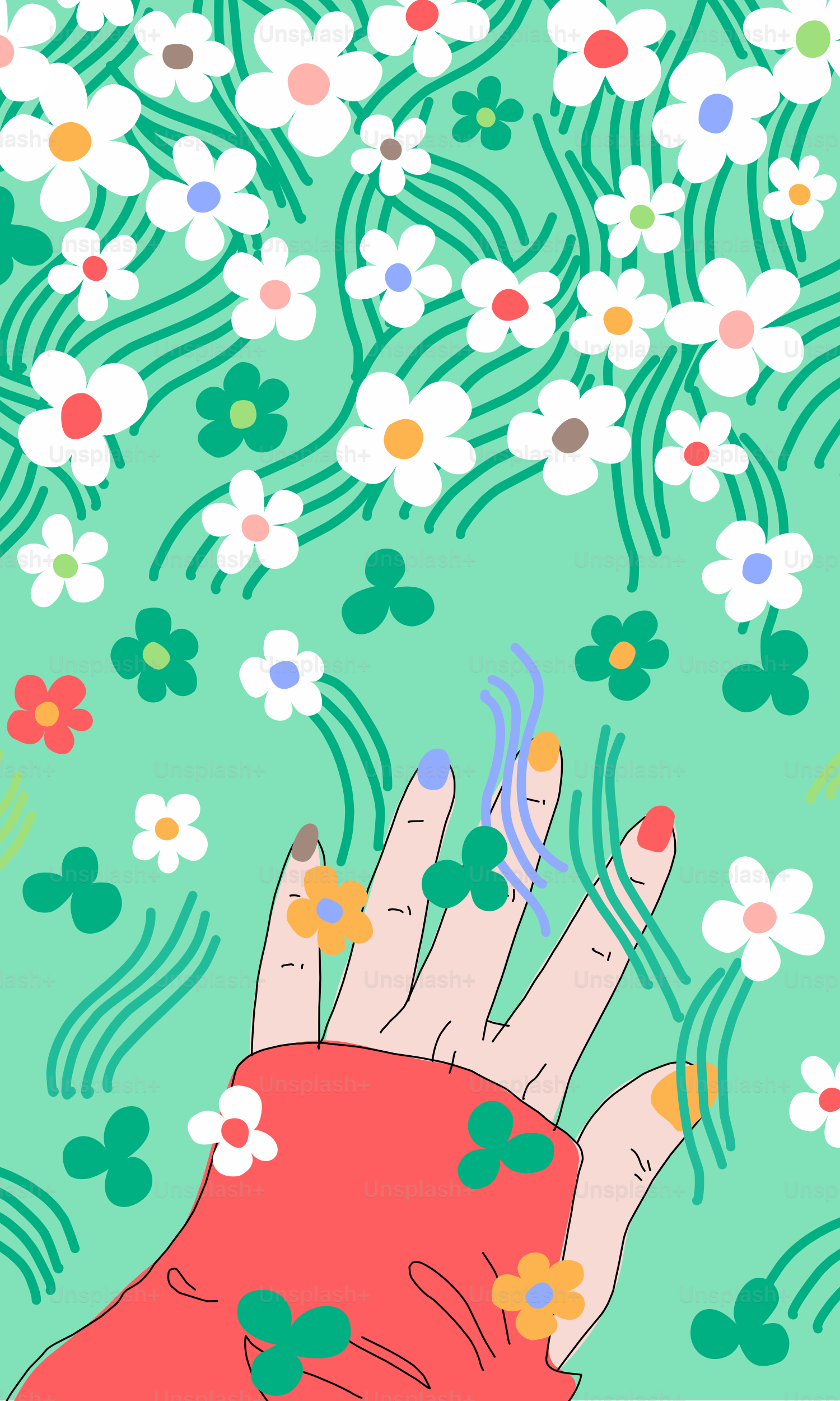 A woman's hand with flowers on a green background