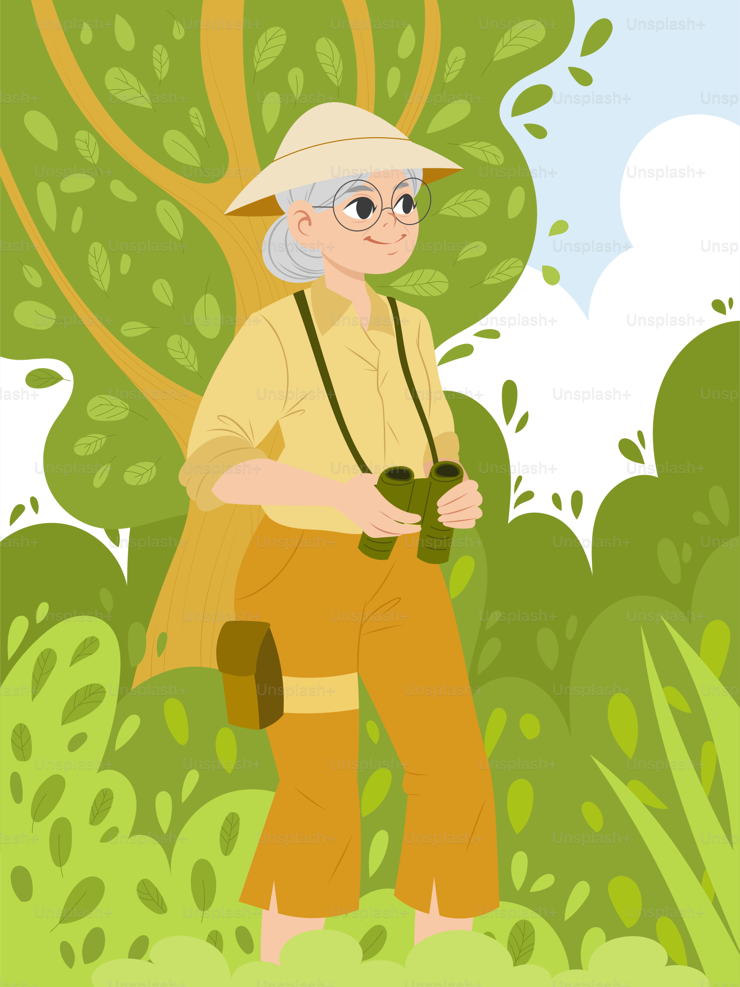 An old man standing in the grass with a camera