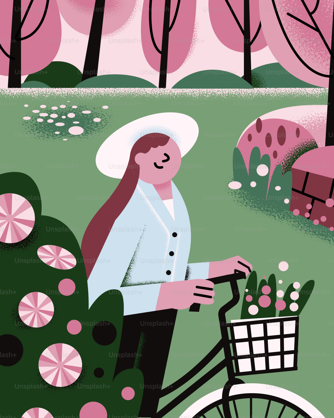 A woman riding a bike with a basket full of flowers