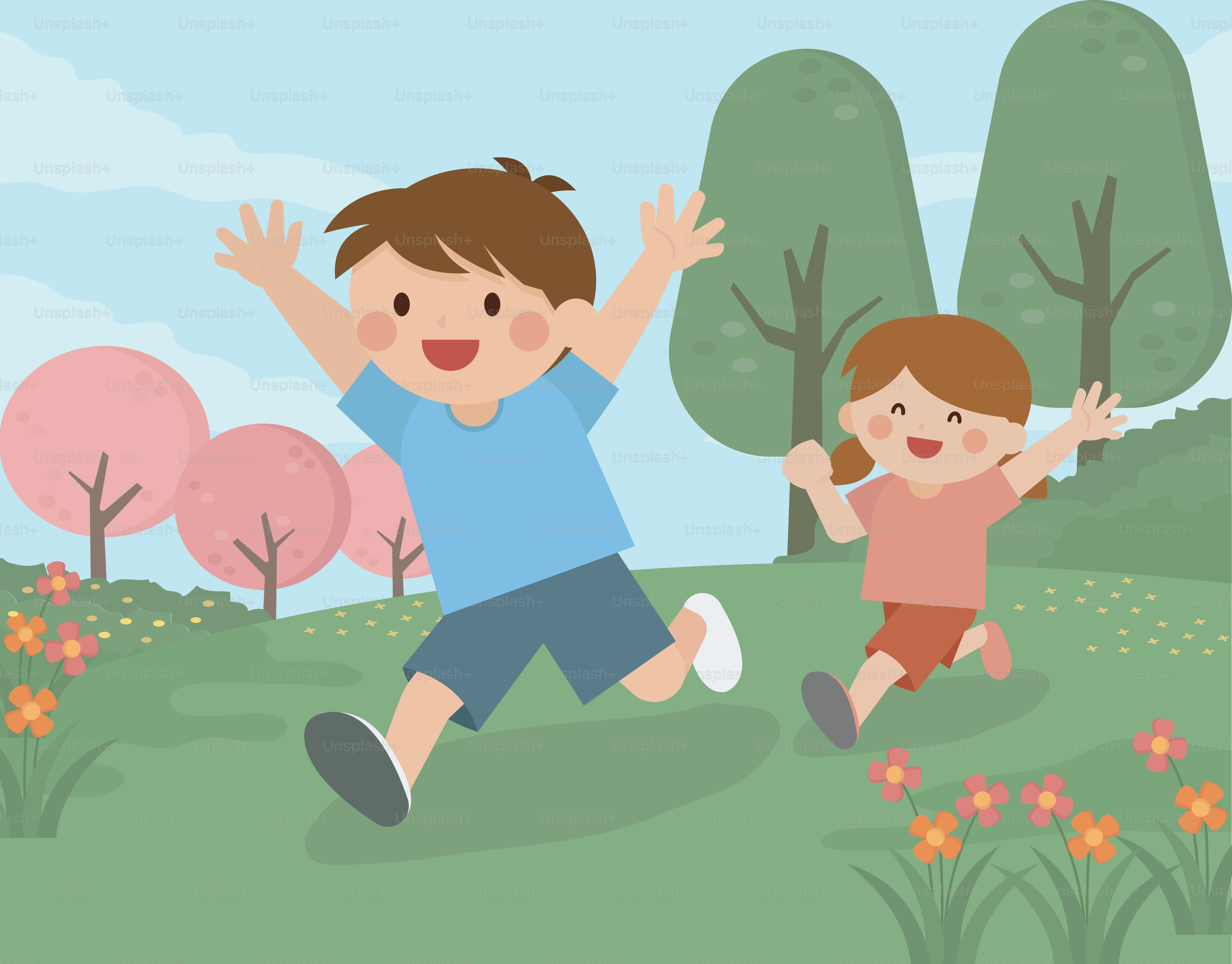 Ein Junge und ein Mädchen spielen im Park