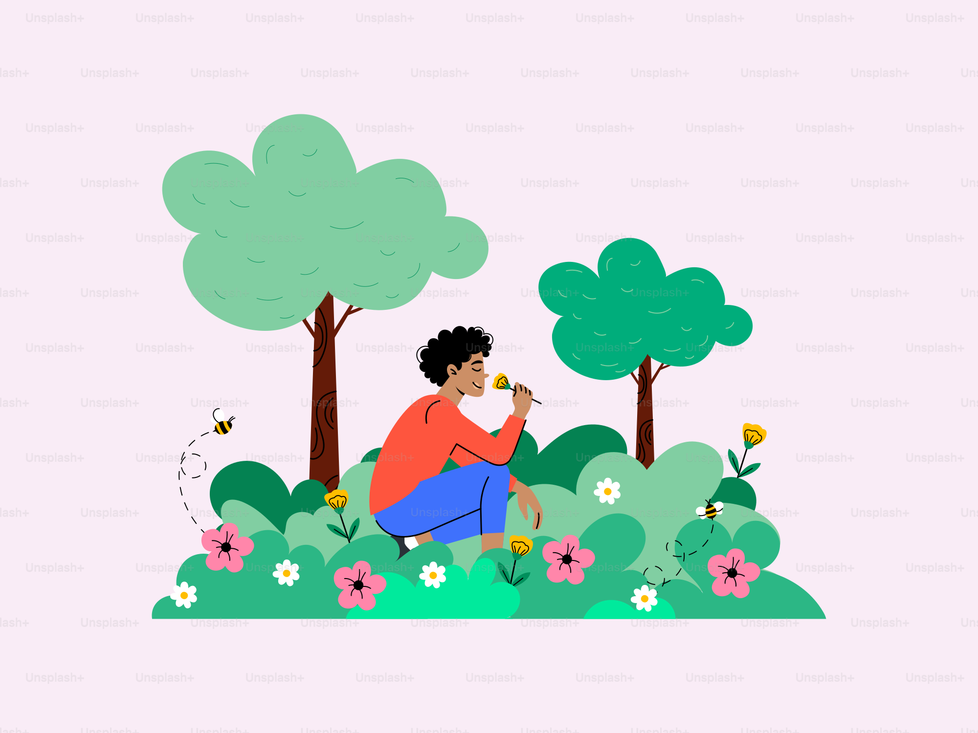 Una persona sentada en un campo de flores