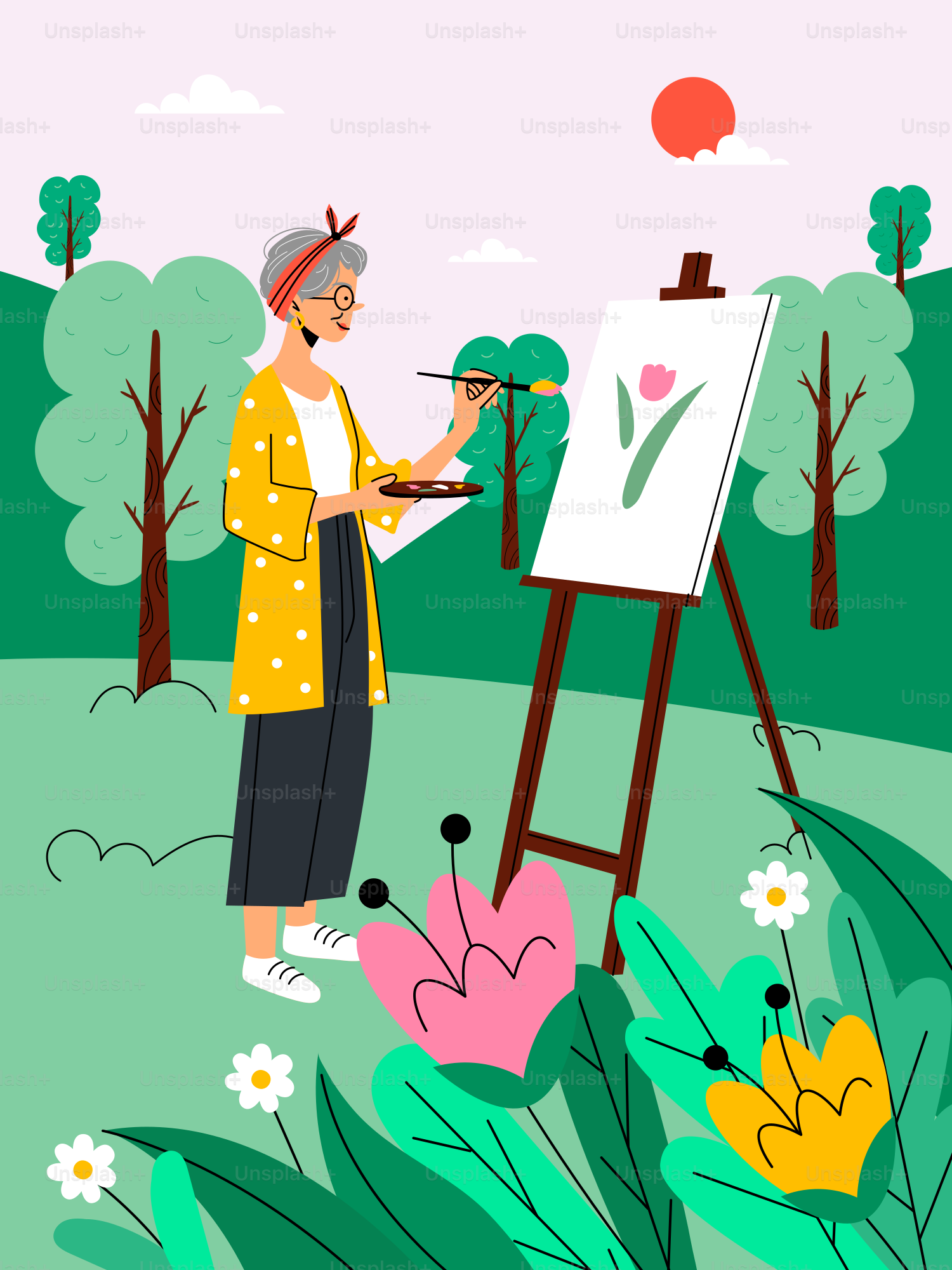 A woman is painting a picture on a easel