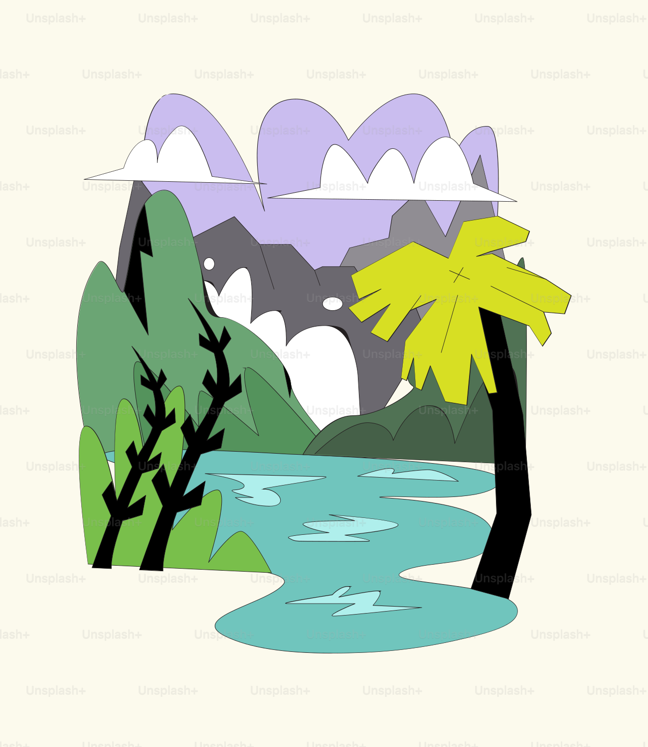 A picture of a river with trees and mountains in the background