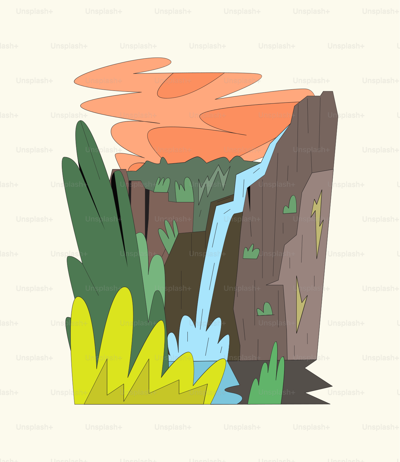 A picture of a waterfall with a sky in the background