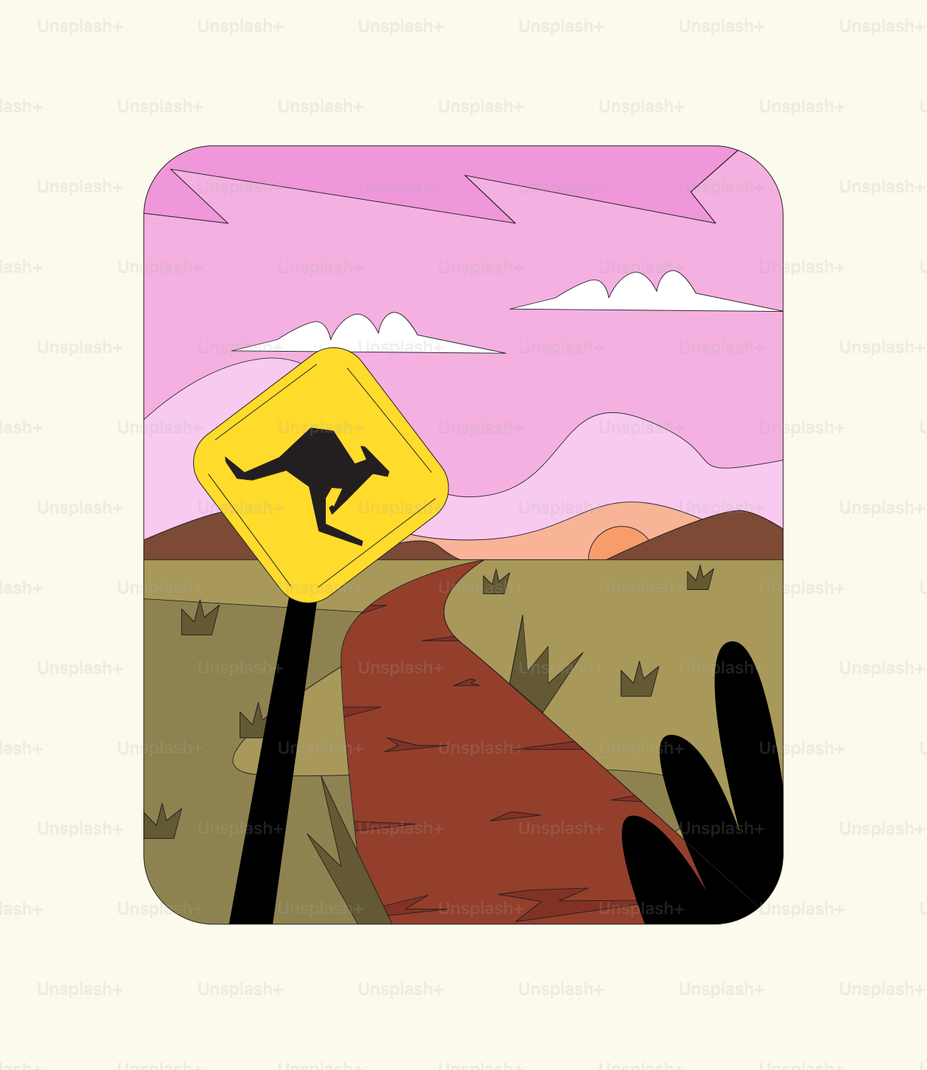 A yellow kangaroo crossing sign in the middle of a desert