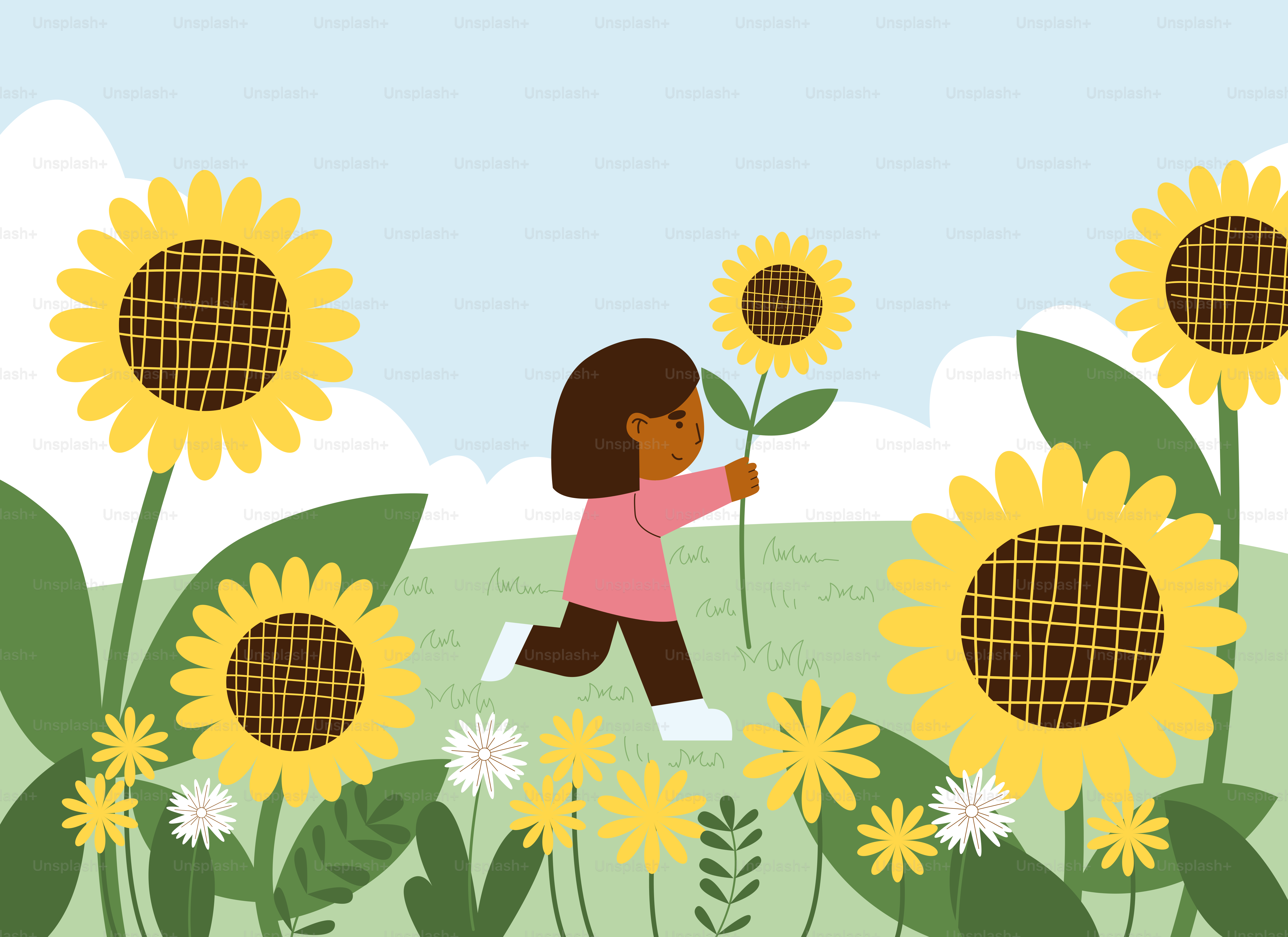 ひまわり畑を歩く小さな女の子