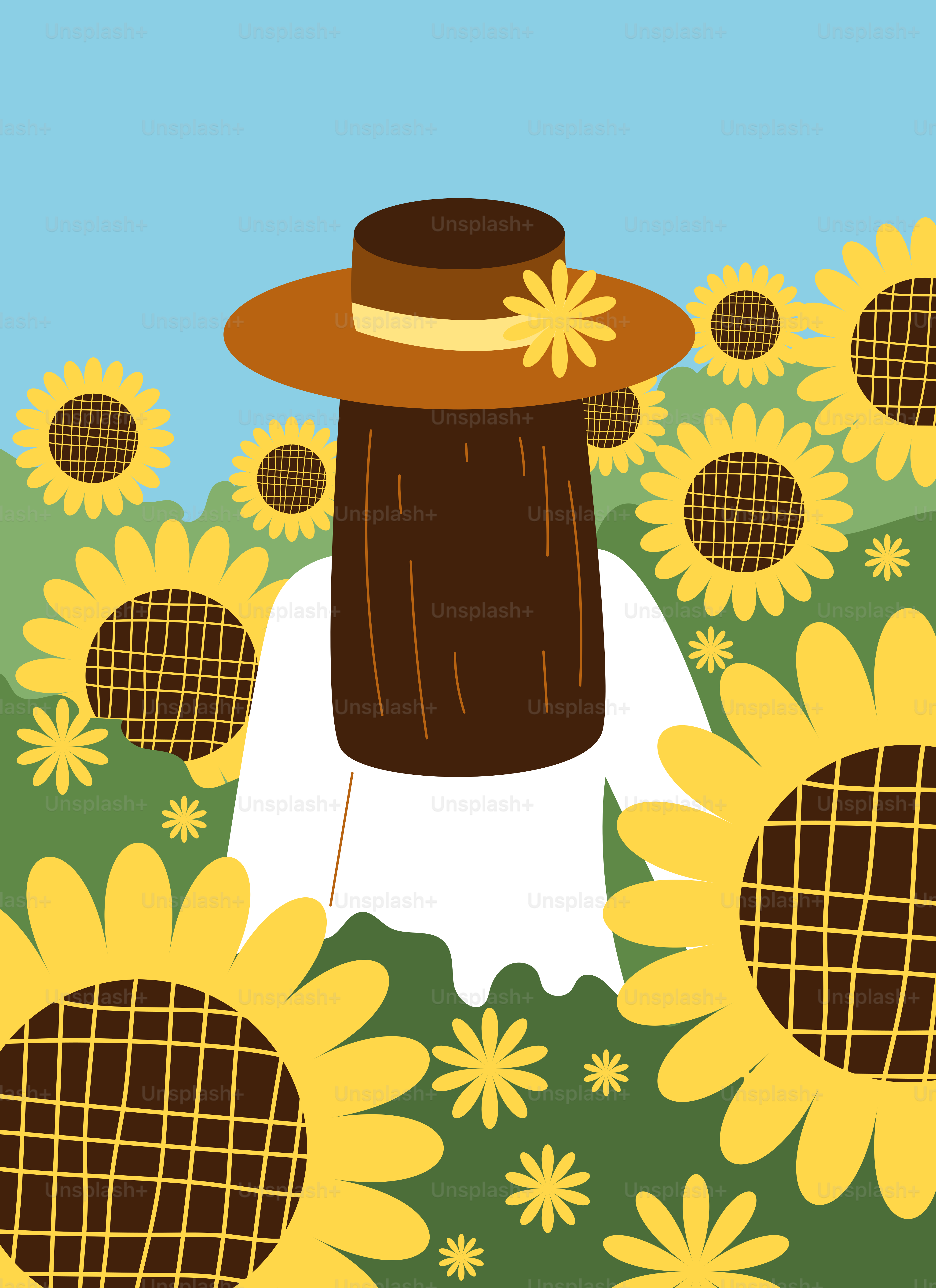 ひまわり畑に佇む帽子をかぶった人物