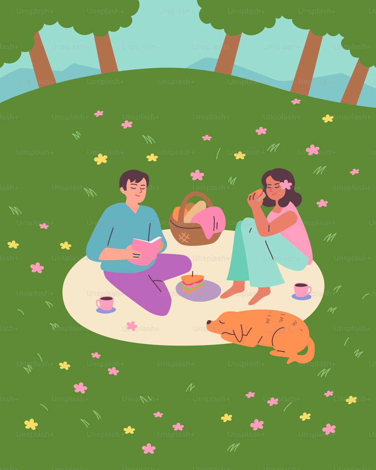 A man and woman sitting on a blanket with a dog
