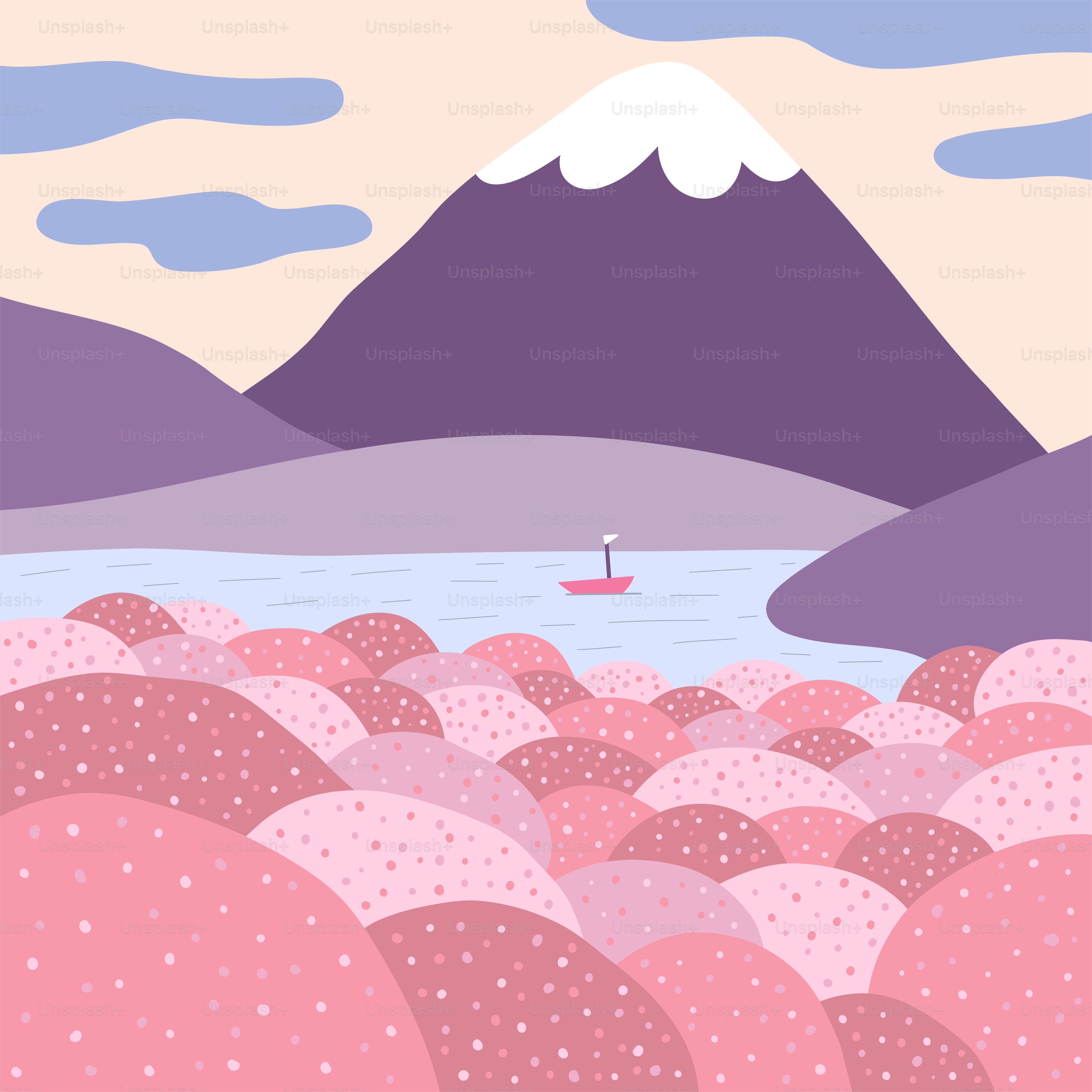 A painting of a boat on a body of water with mountains in the background