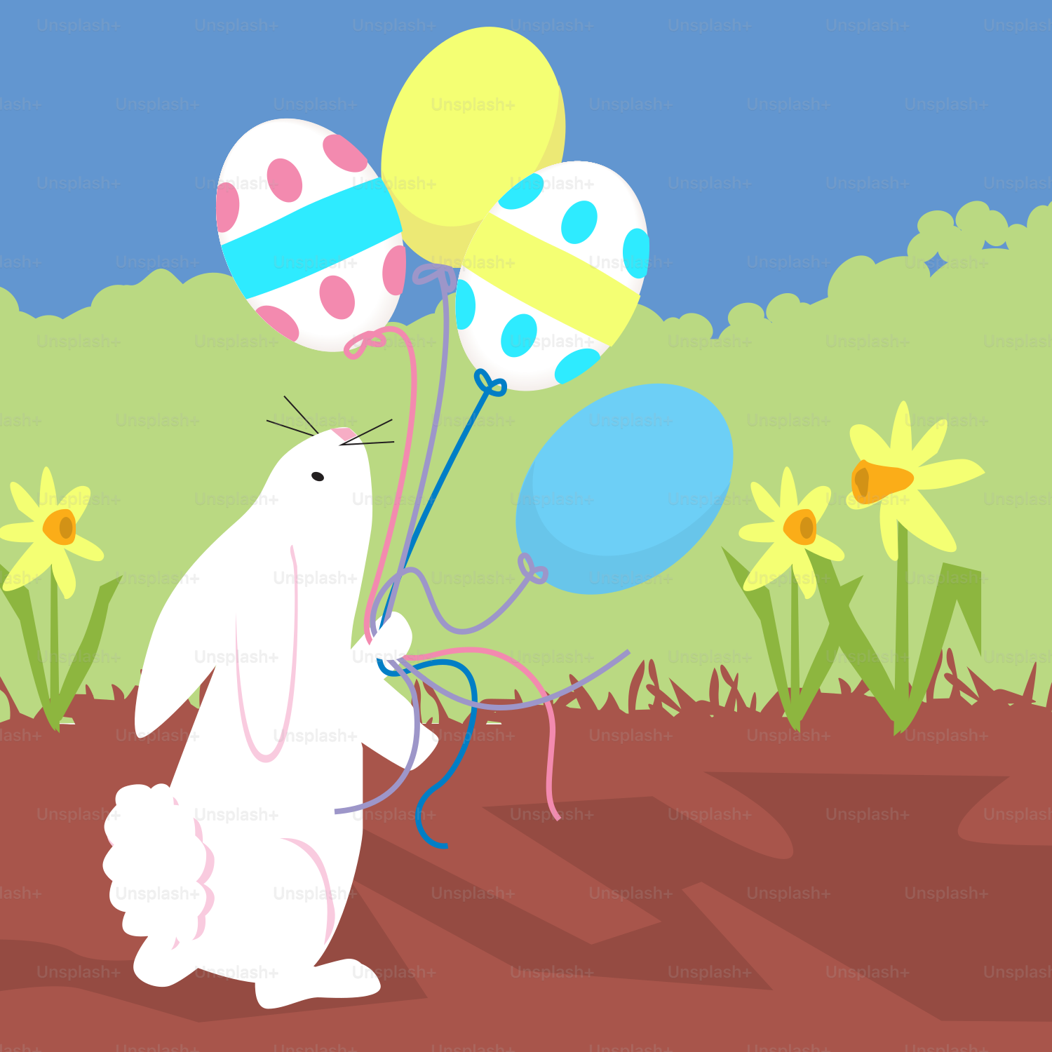 A cartoon bunny holding balloons in a field