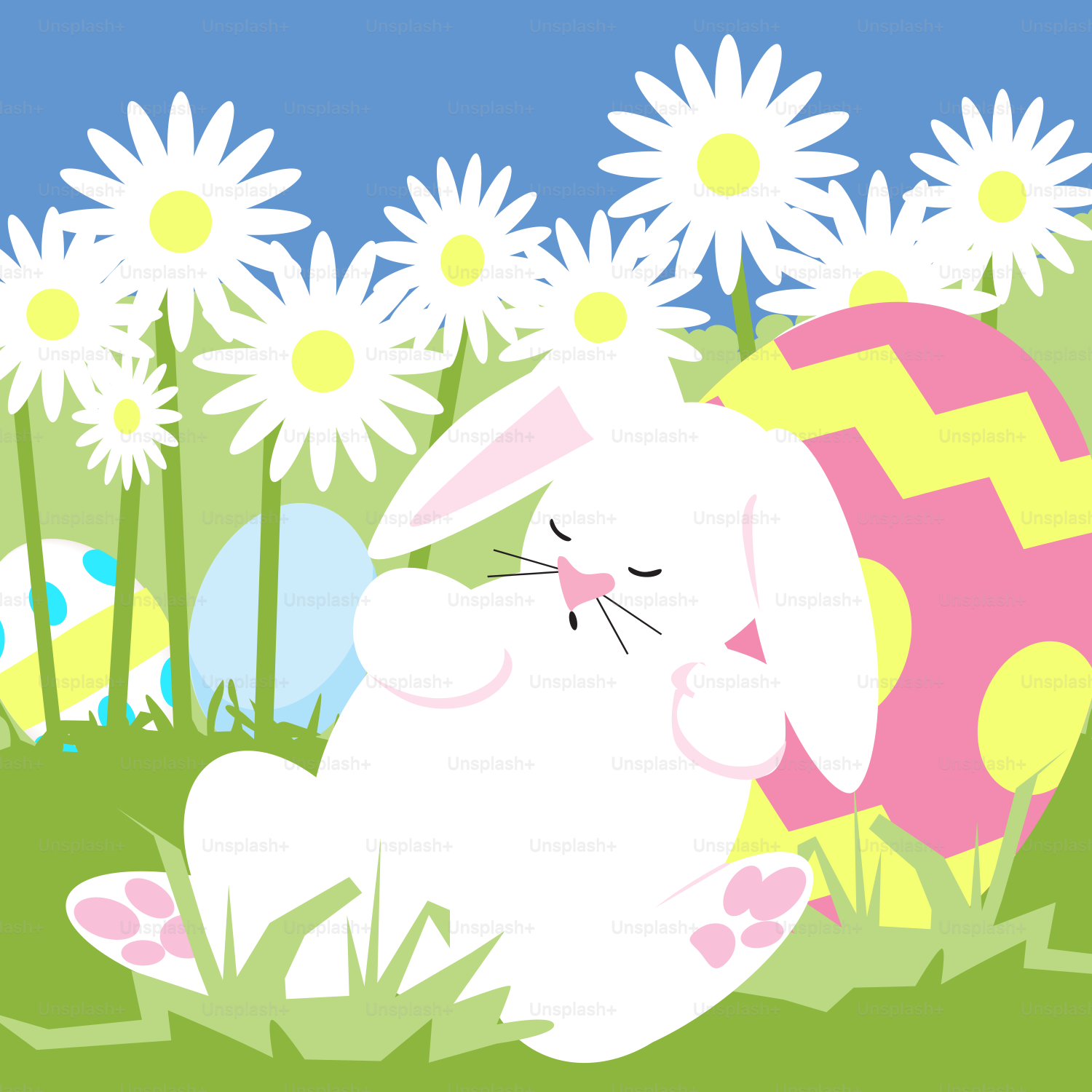 A bunny is sitting in the grass with a basket of eggs