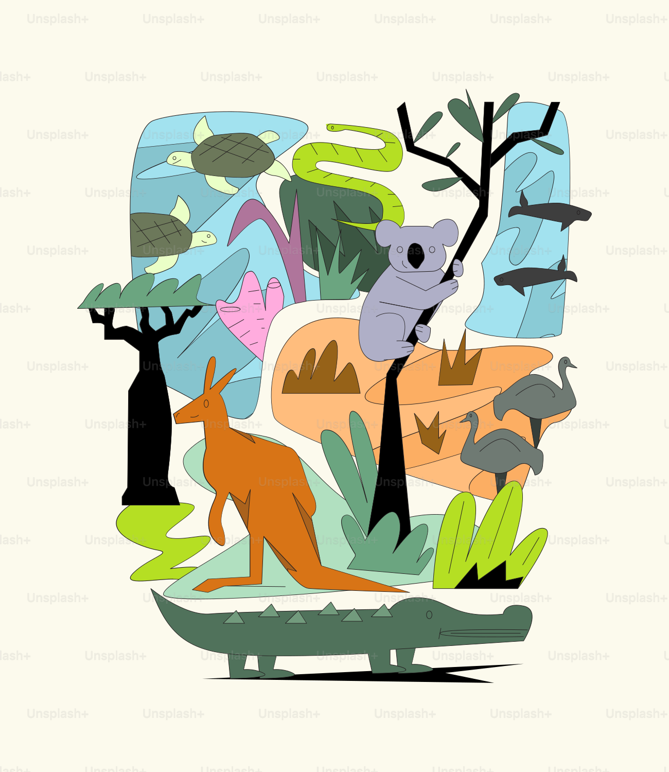 Australian animals and nature are depicted.