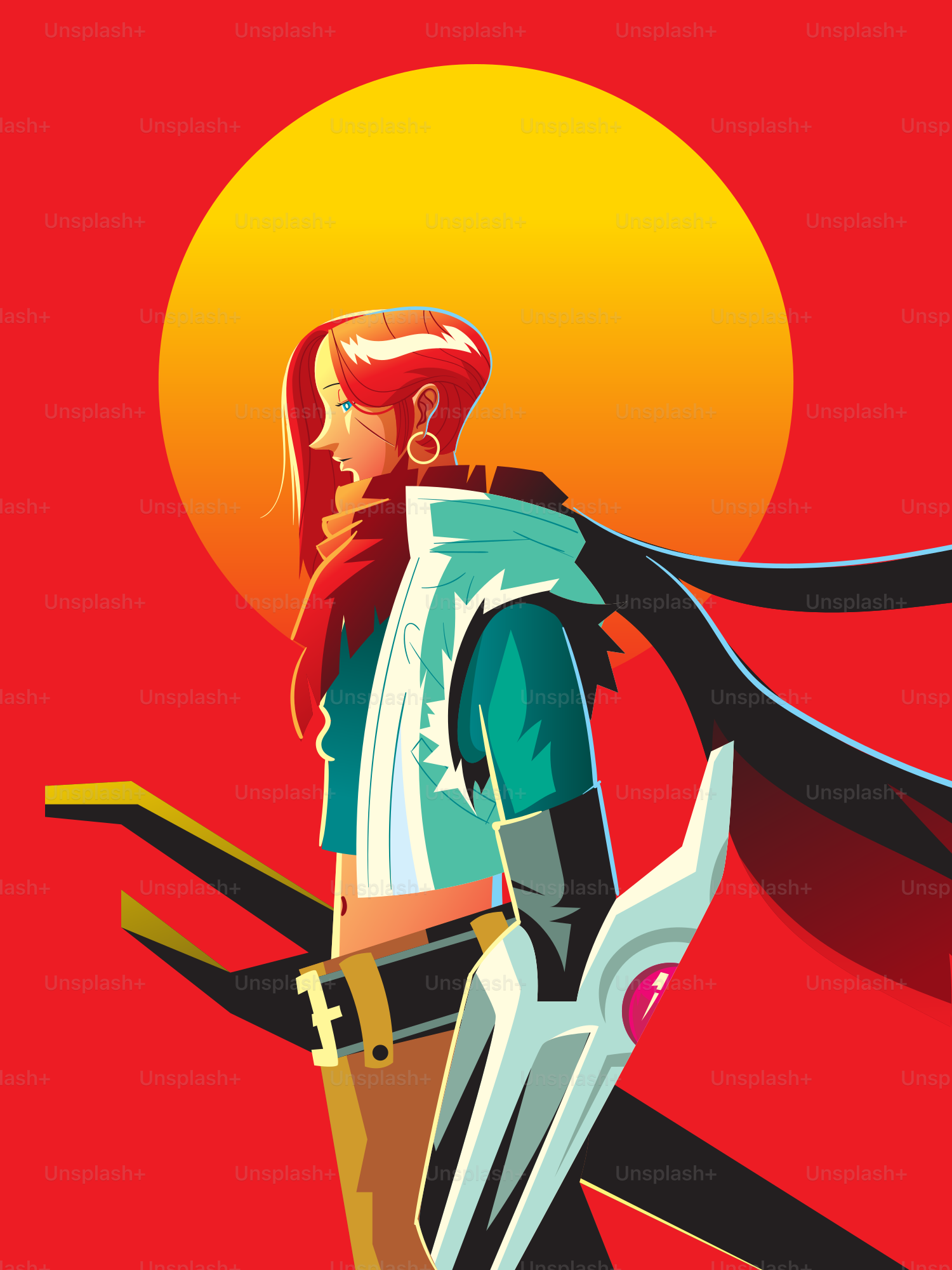 Ein Krieger steht vor einer leuchtend roten Sonne.