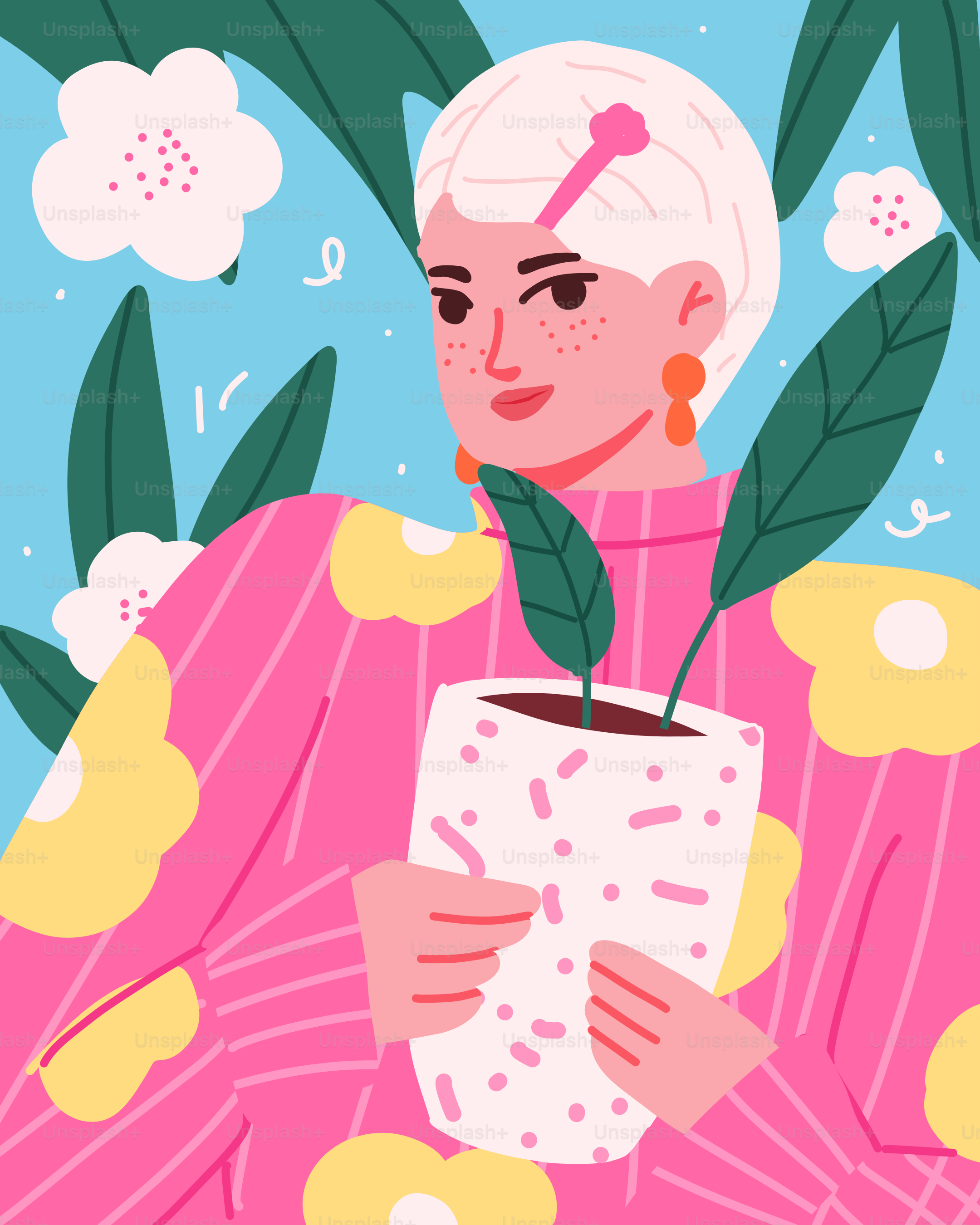 Une femme en robe rose tenant une tasse de café