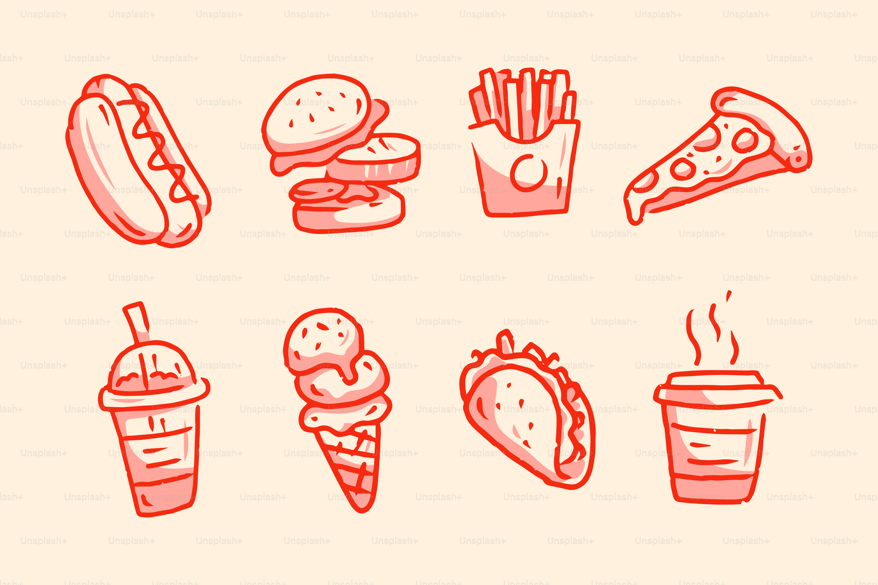 Comida rápida variada dibujada en rojo.