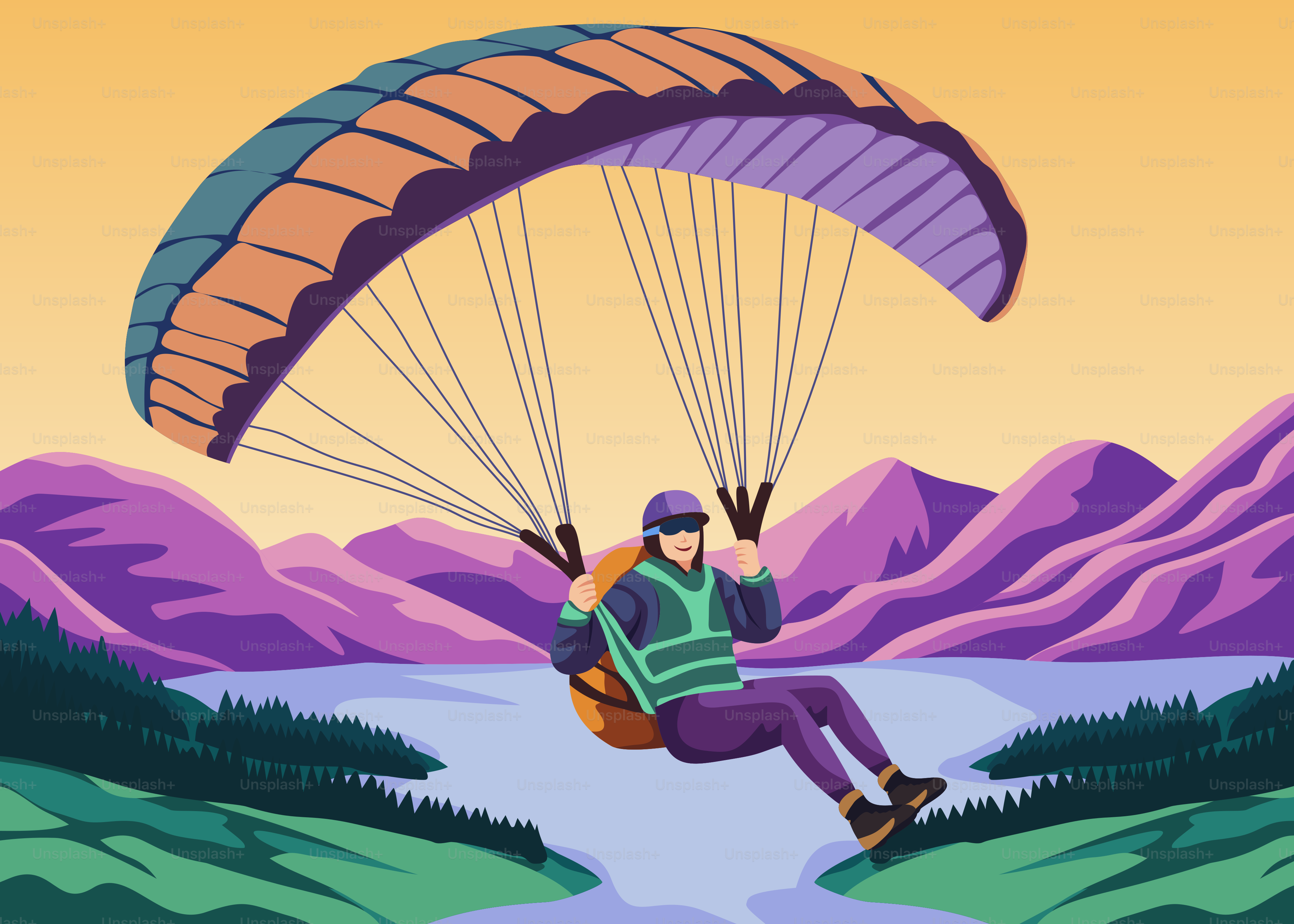 A person is paragliding over mountains and a river.