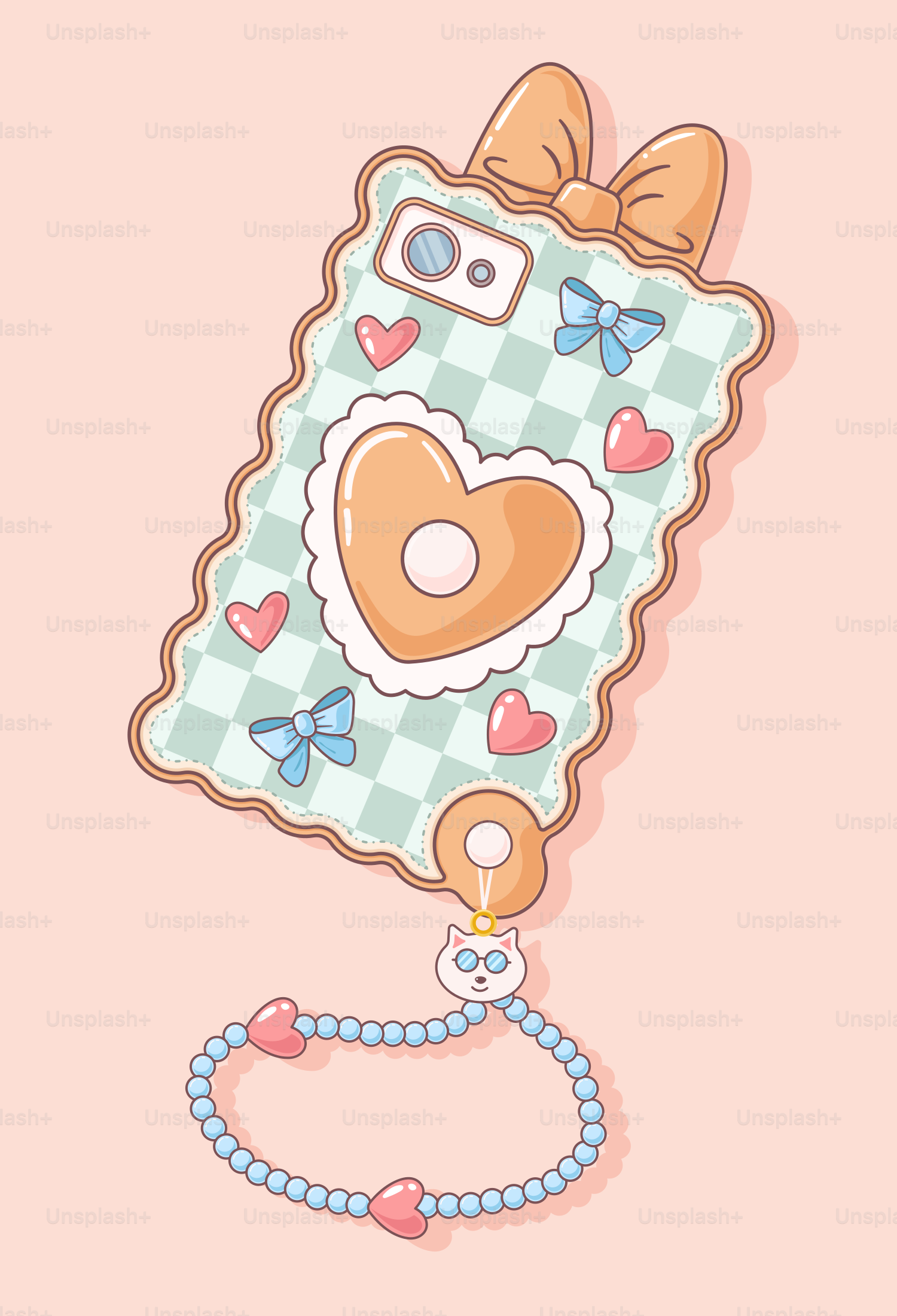 A cute phone case adorned with hearts and bows.