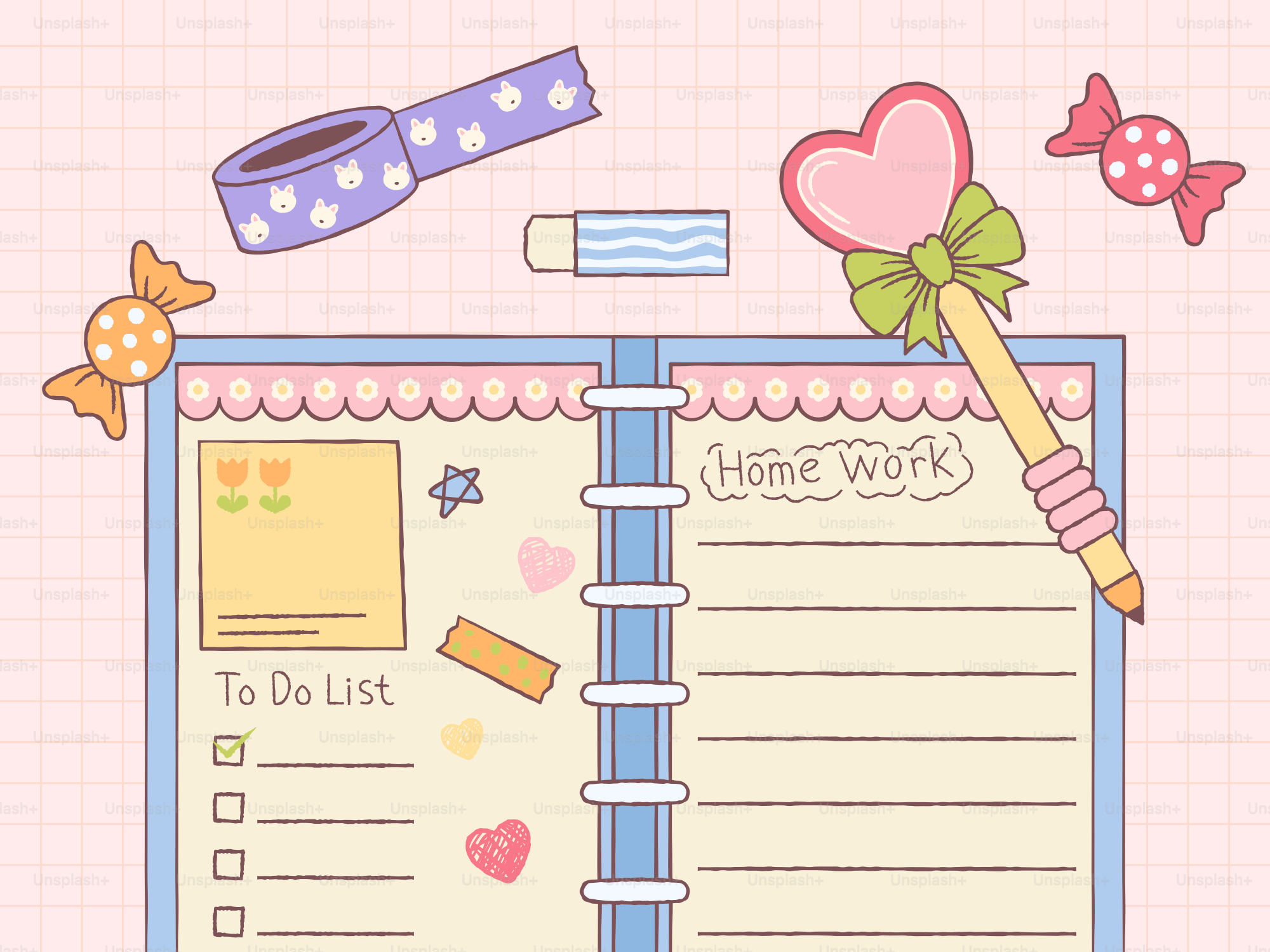 귀여운 노트와 문구류를 바로 사용할 수 있습니다.