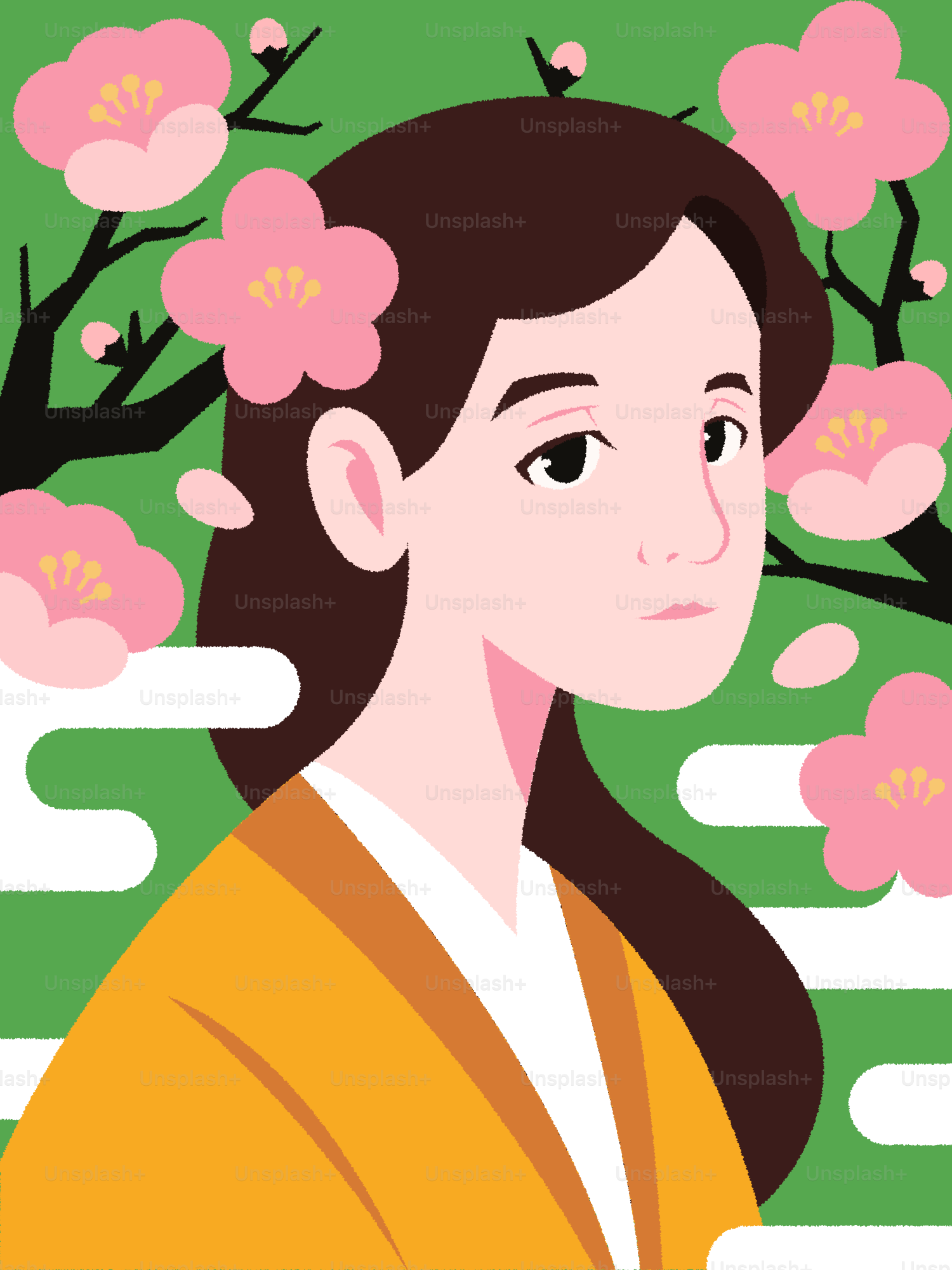 Eine Frau ist von Kirschblüten umgeben.