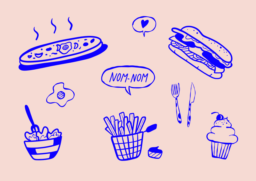 Se muestran deliciosos garabatos de comida.