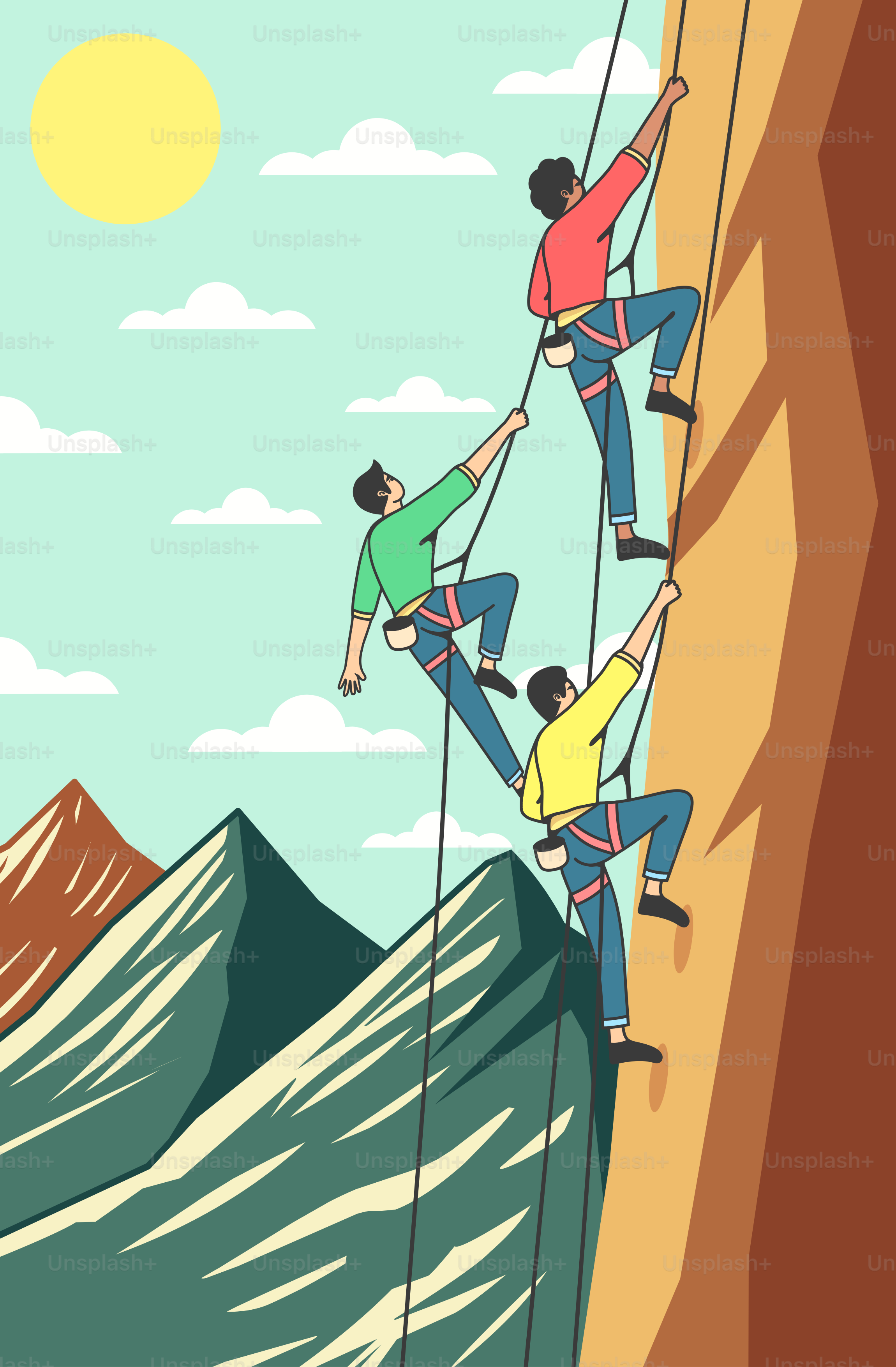 People are rock climbing up a mountain.