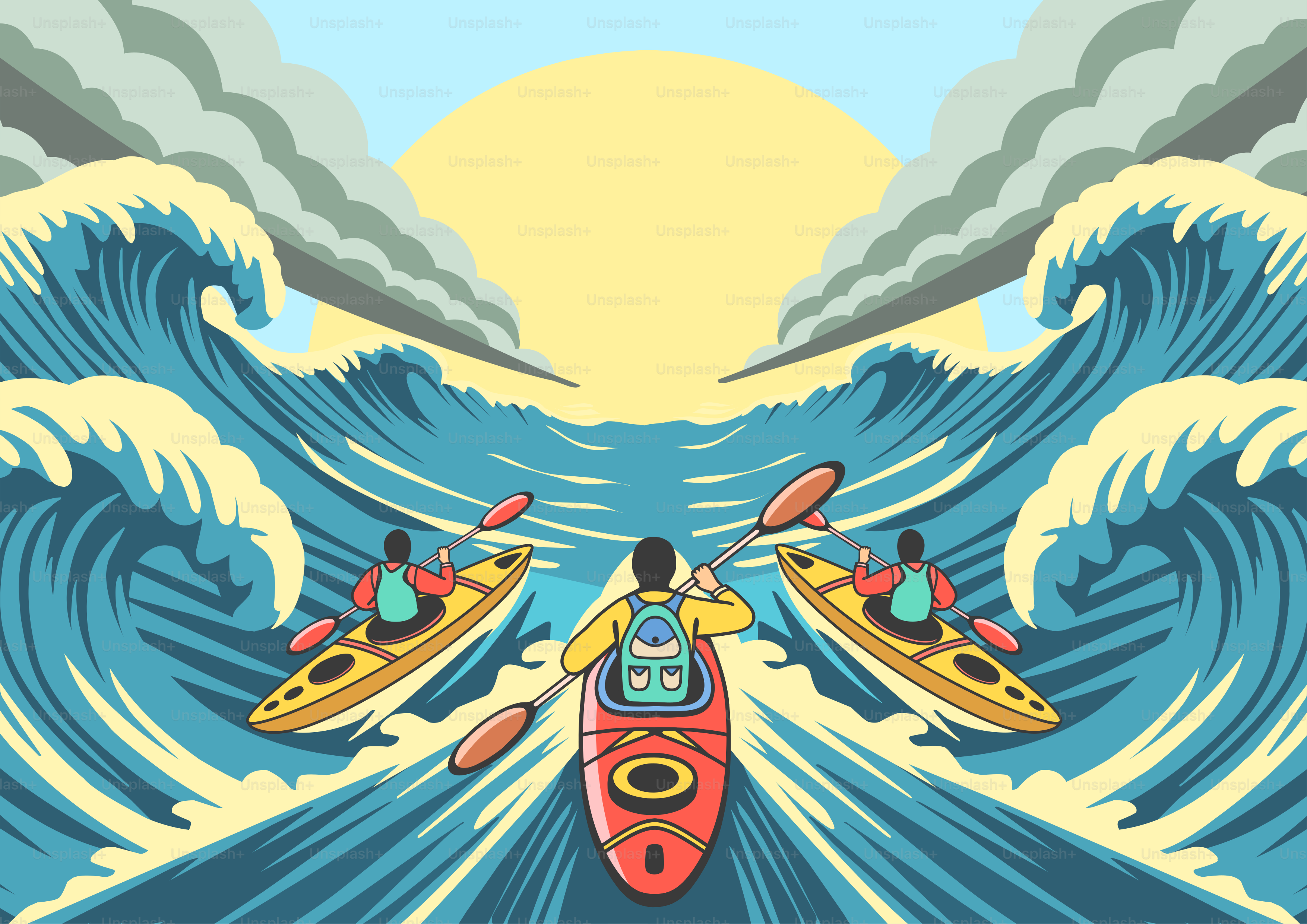 Kayakers navigate through large waves on the ocean.