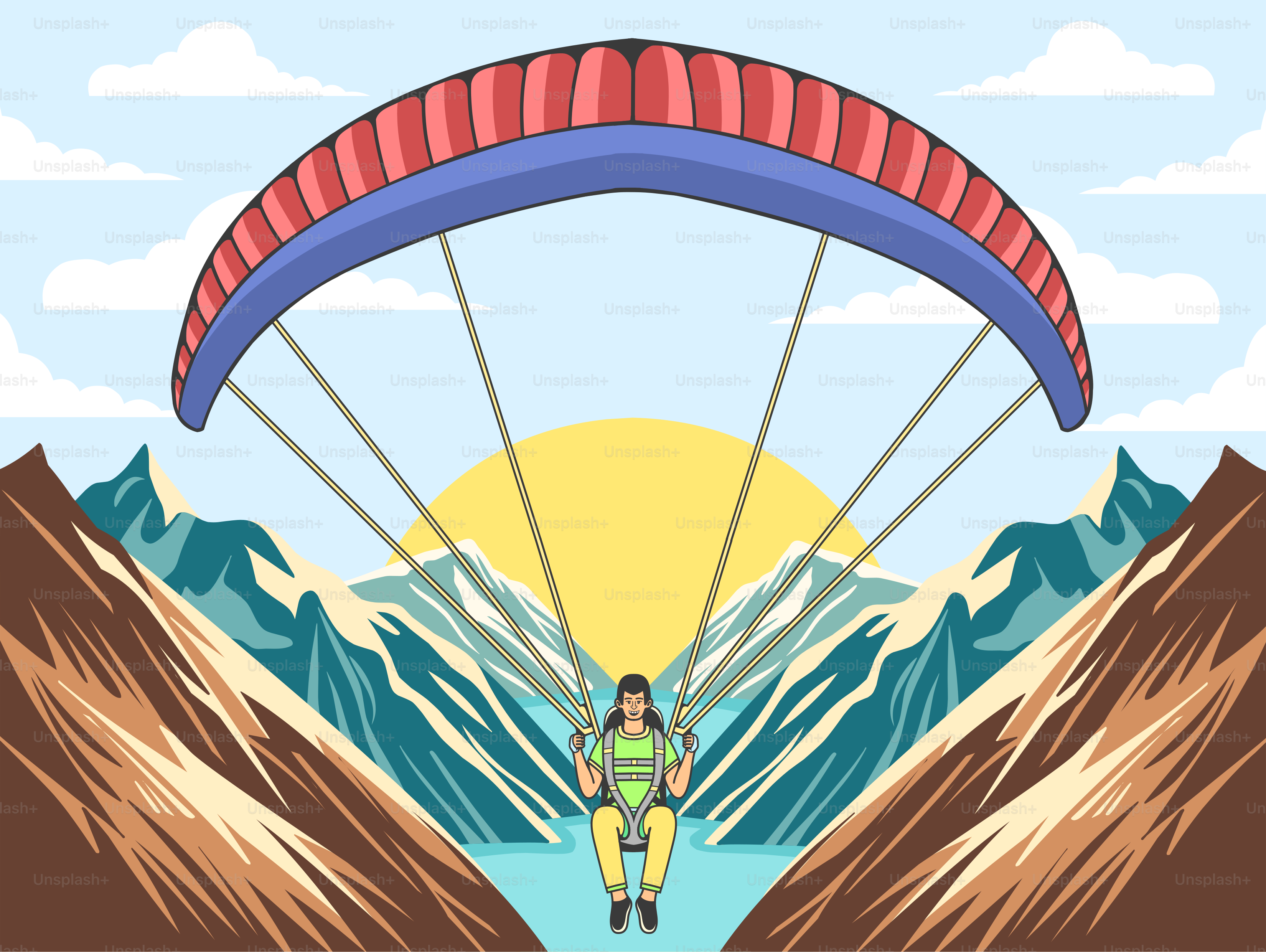 A person is paragliding above mountains and water.