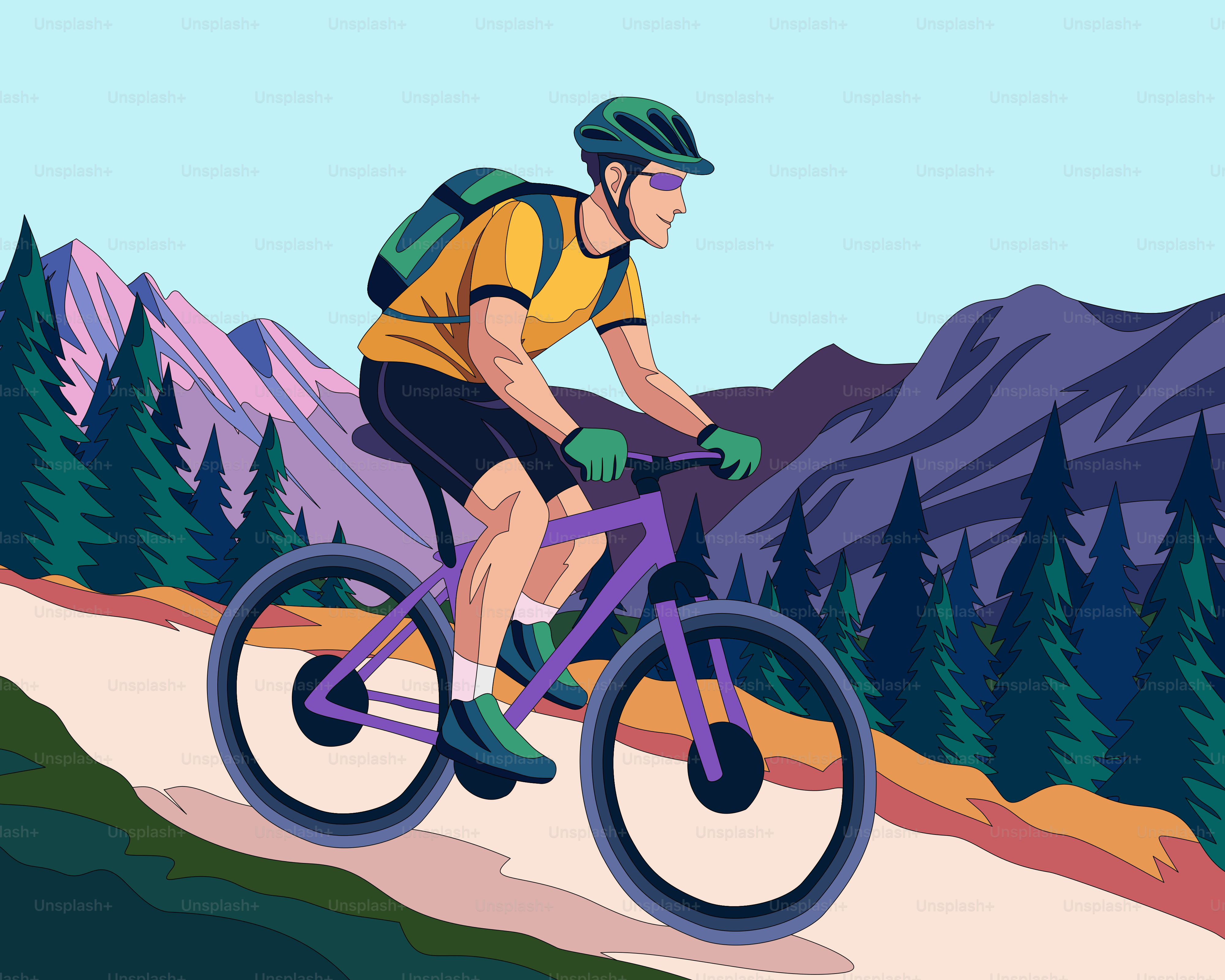 Cyclist rides his bike on a mountain trail.