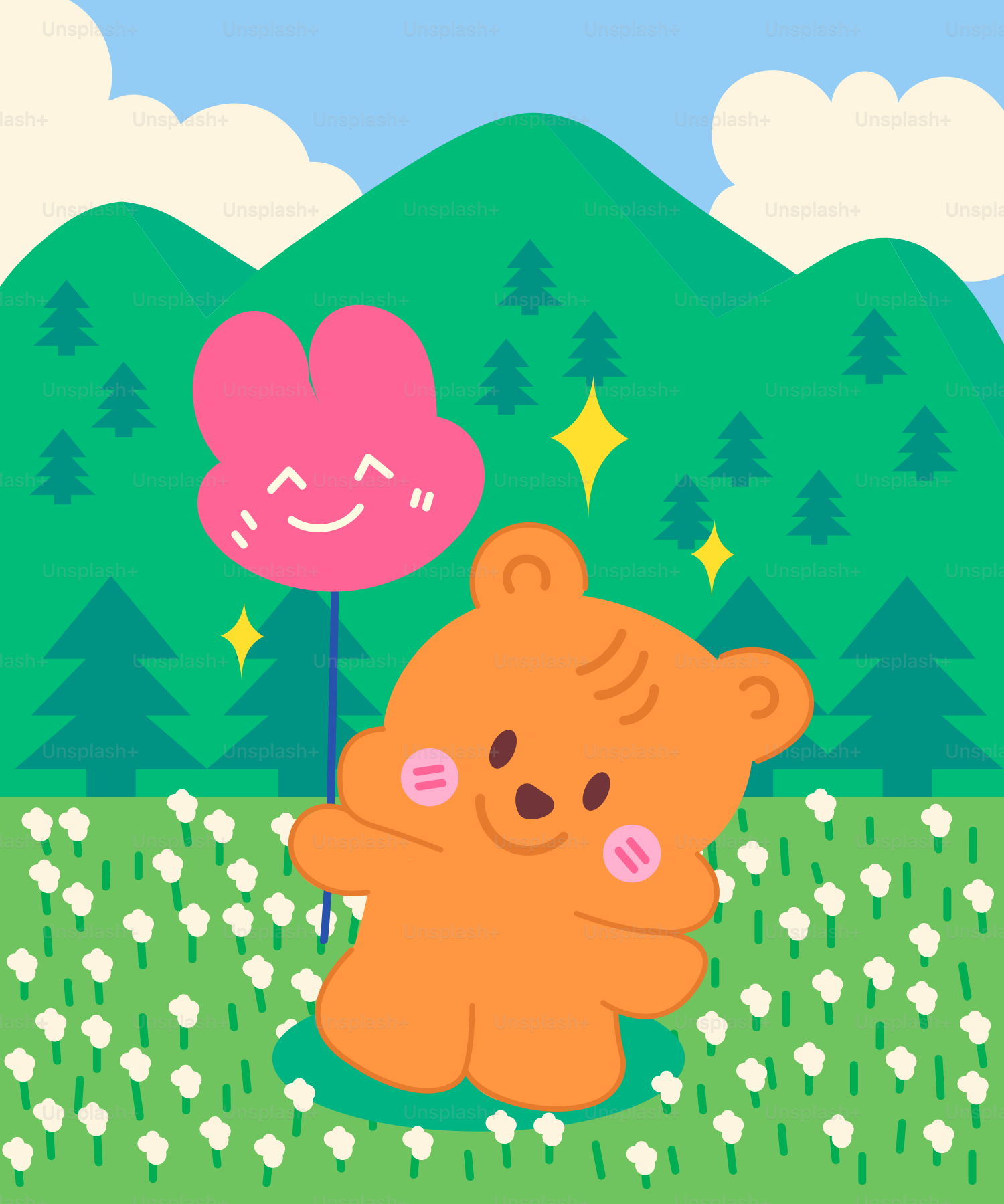 ハート型の風船を持つカートゥーンのクマ