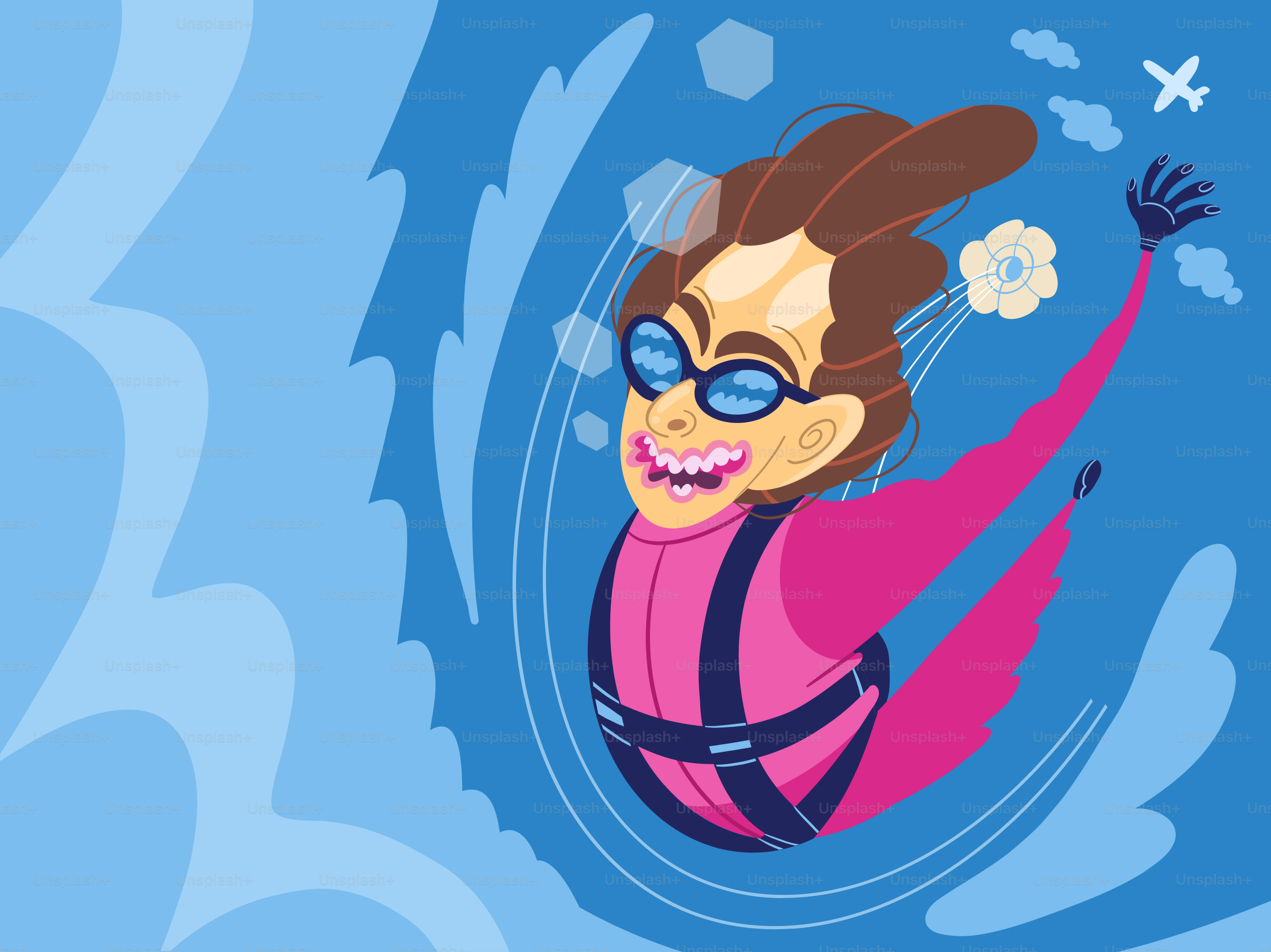 A cartoon woman is skydiving with excitement.