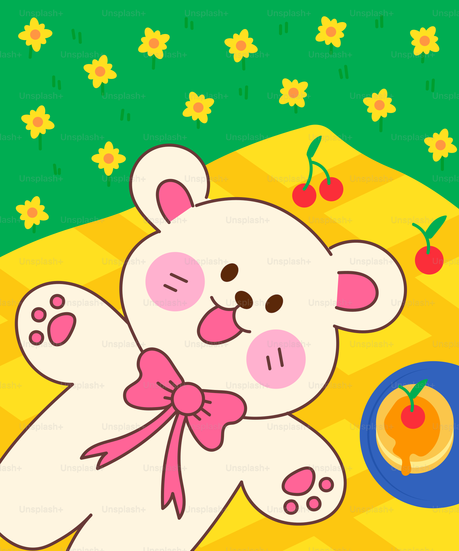Happy bear enjoys a picnic with cherries and pancakes.