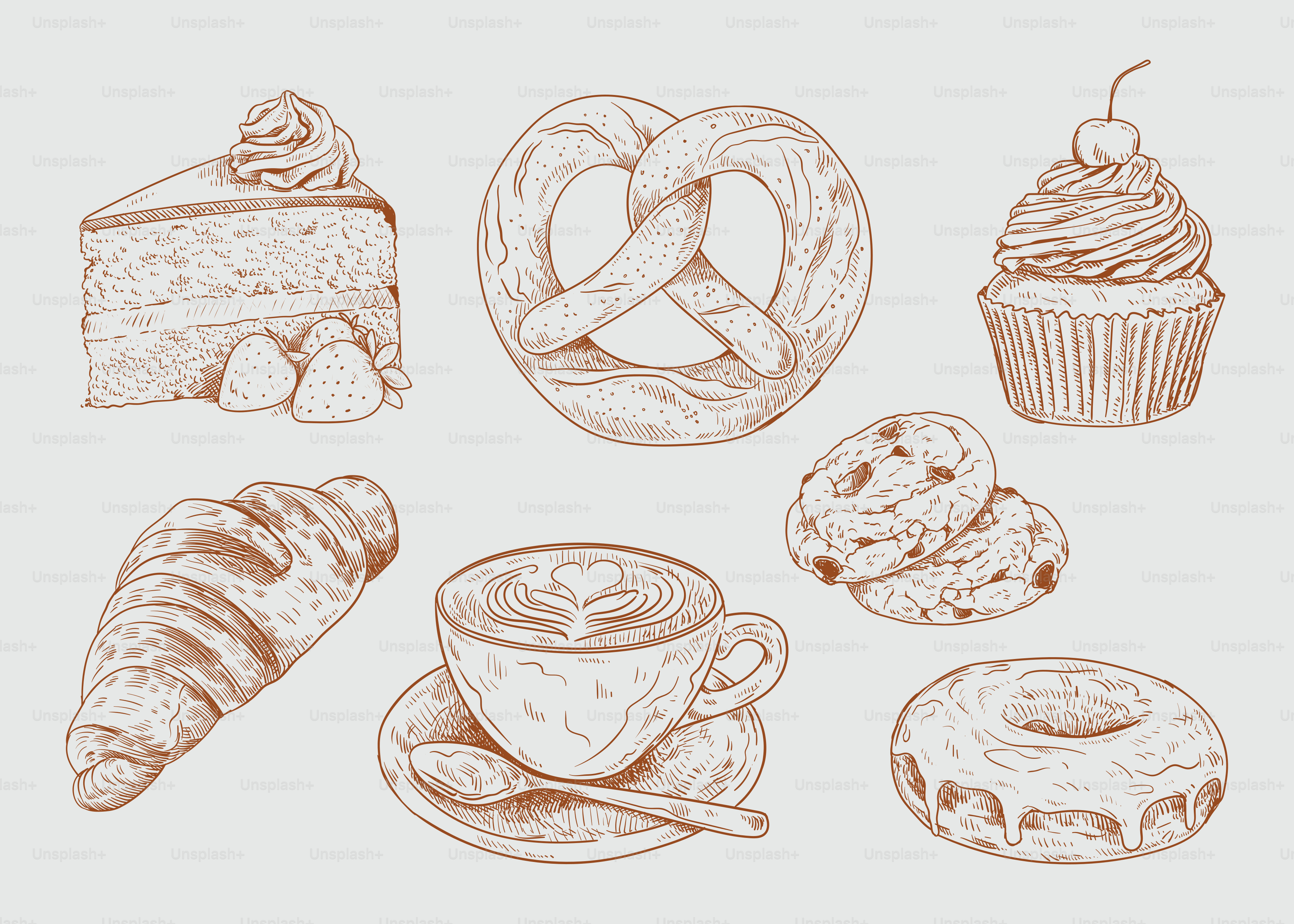 Baked goods and coffee are artfully illustrated.