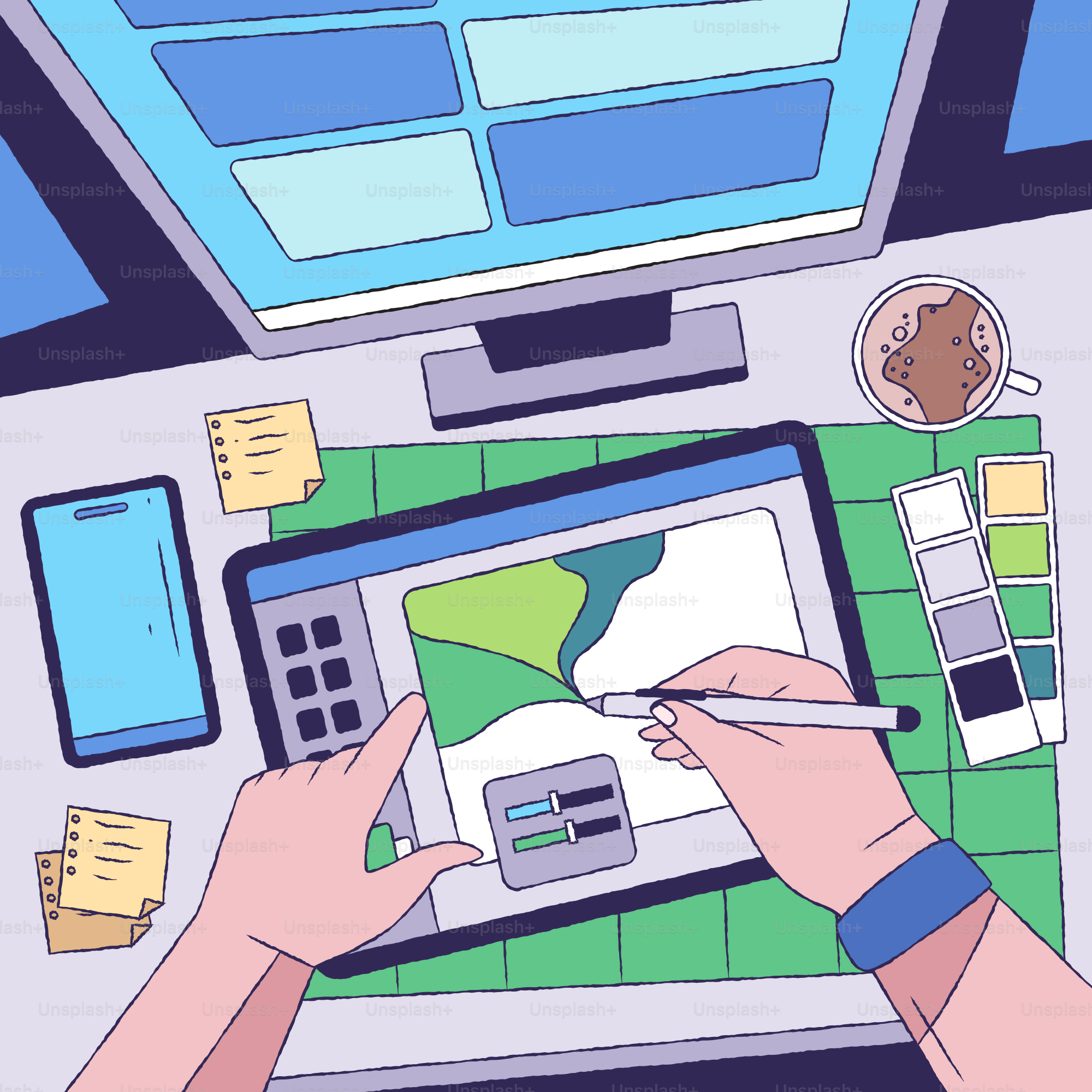 Designer, der an digitaler Kunst mit mehreren Bildschirmen arbeitet.