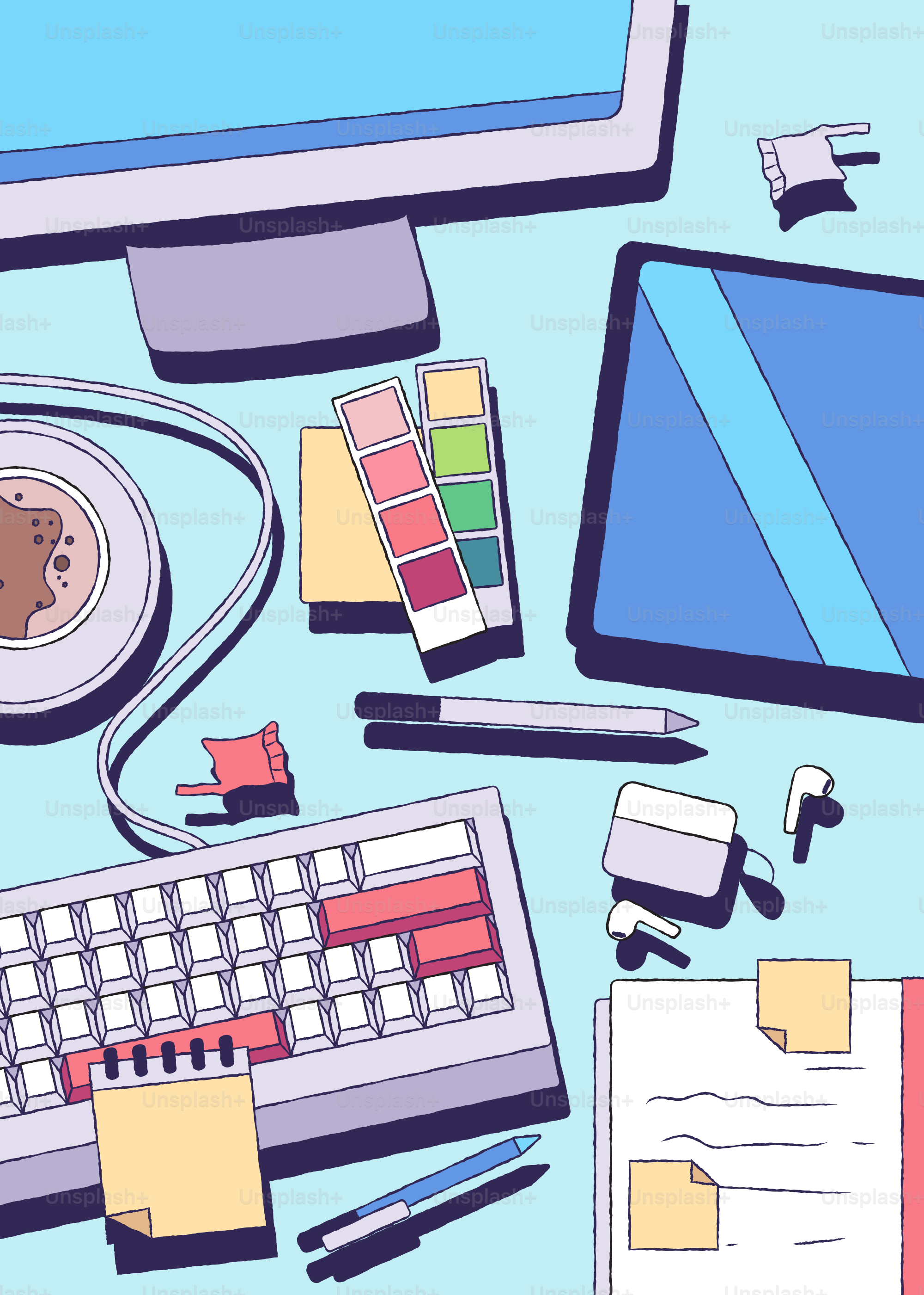 Ein Arbeitsbereich eines Designers mit kreativen Werkzeugen wird gezeigt.