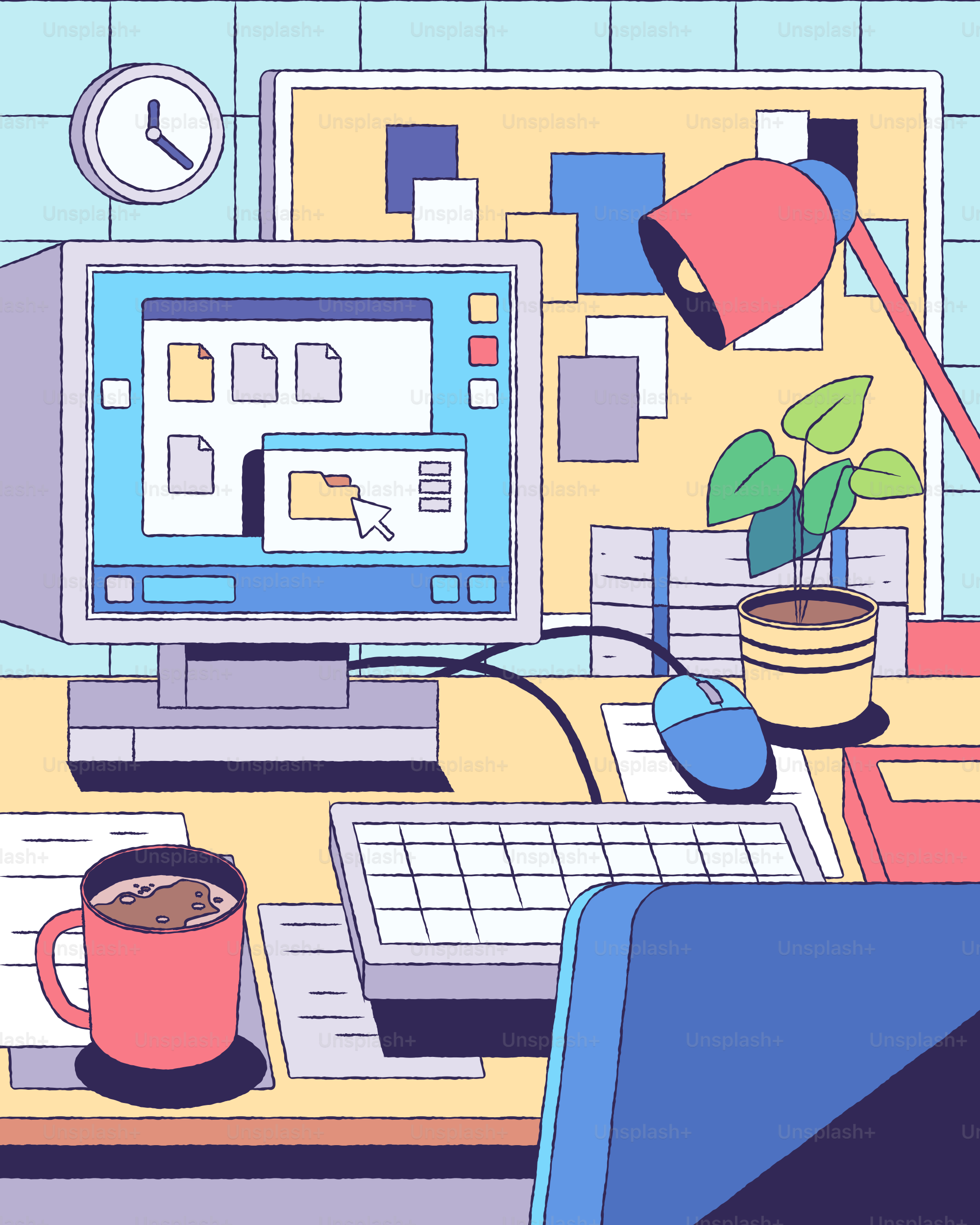 Ein gemütliches Cartoon-Büro mit Computer und Schreibtisch.