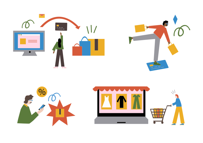 Online shopping illustrations show the purchasing process.