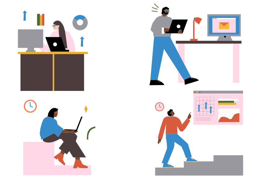 People are working at desks and climbing stairs. vector – Home office ...