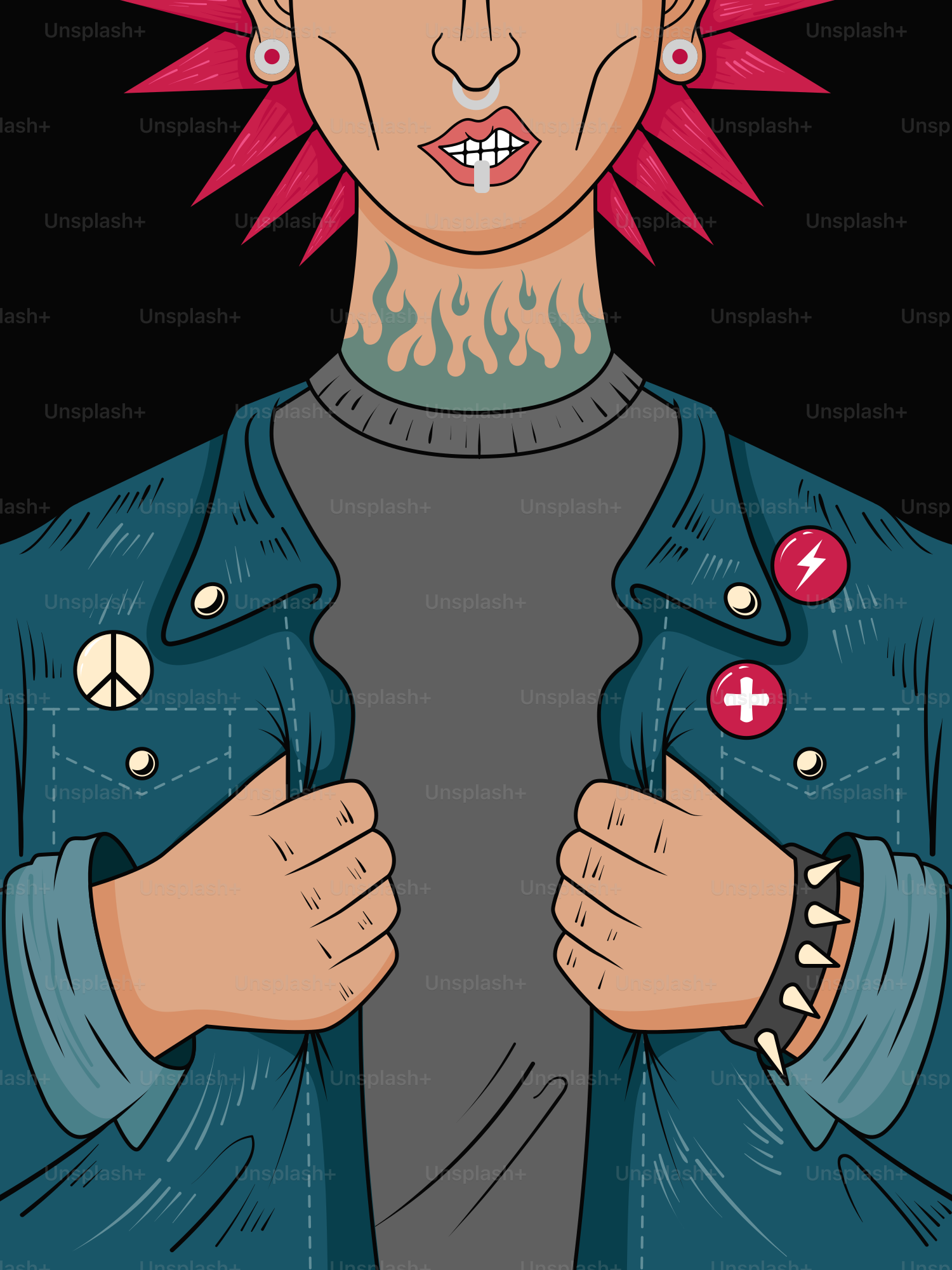 Punk rock person with red hair and accessories.