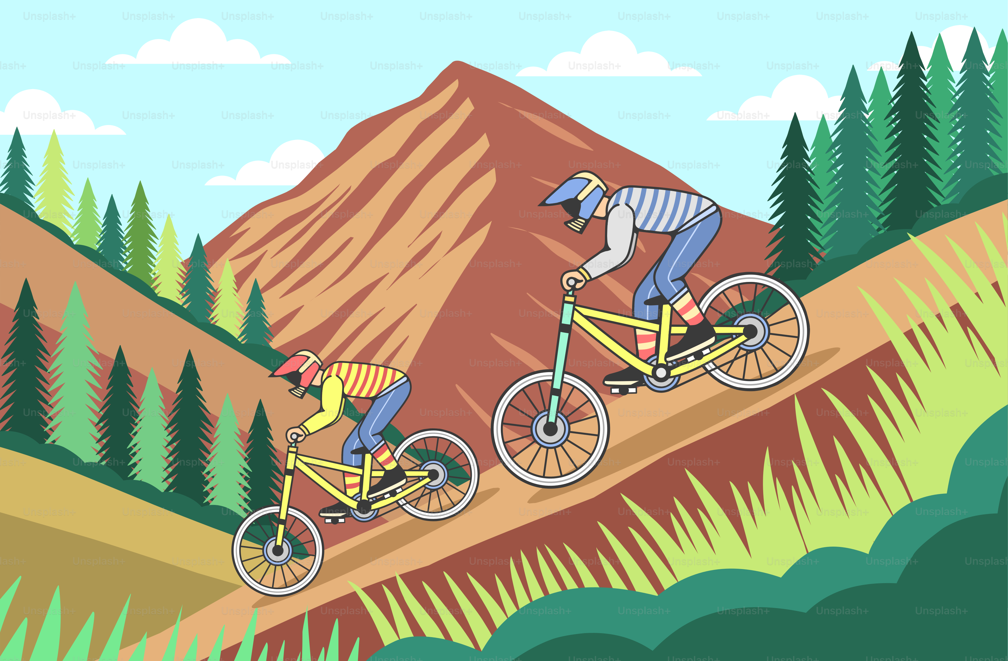 Dois ciclistas de montanha descem a ladeira perto de uma montanha.