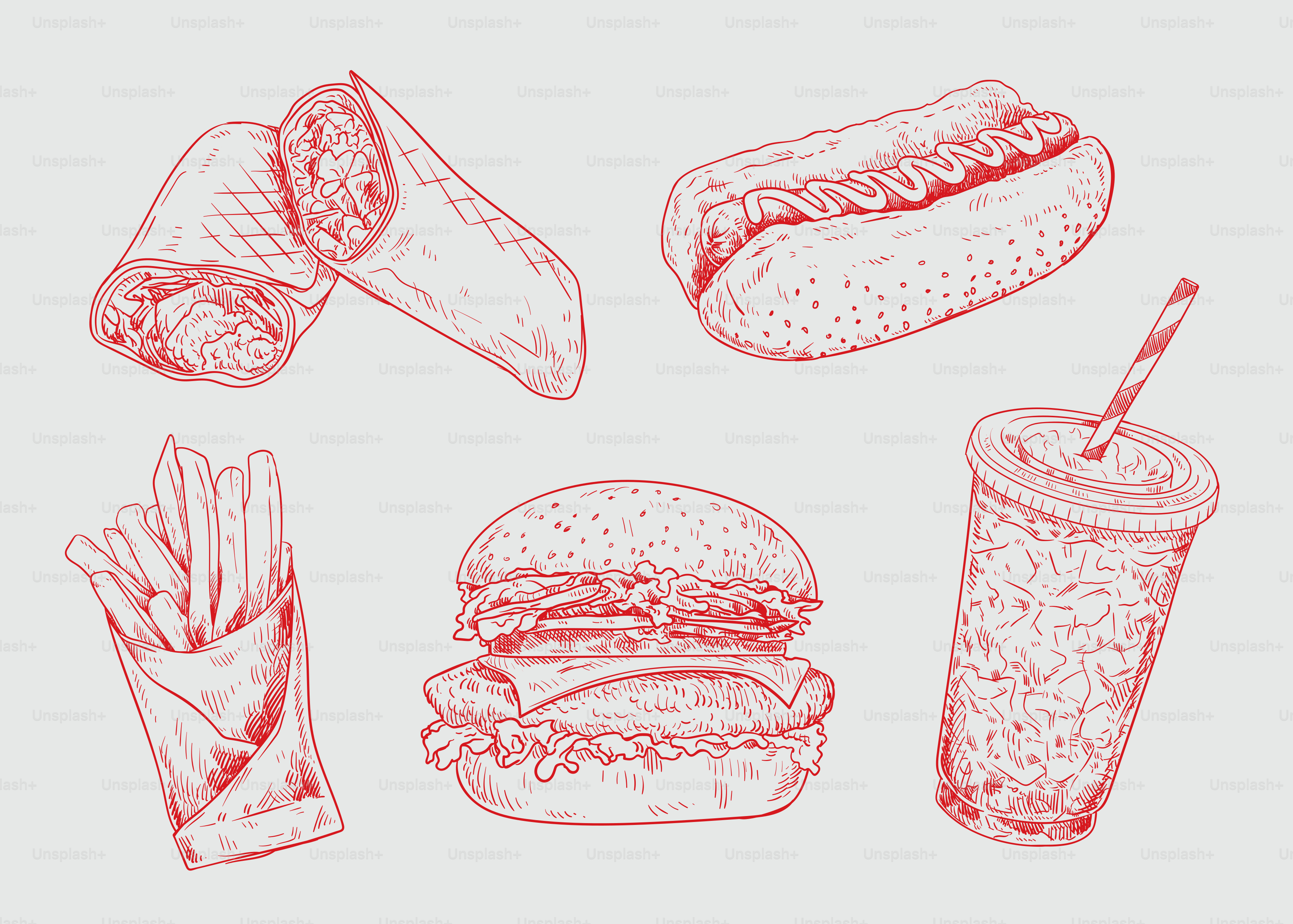 Delicious fast food sketches are displayed in red.