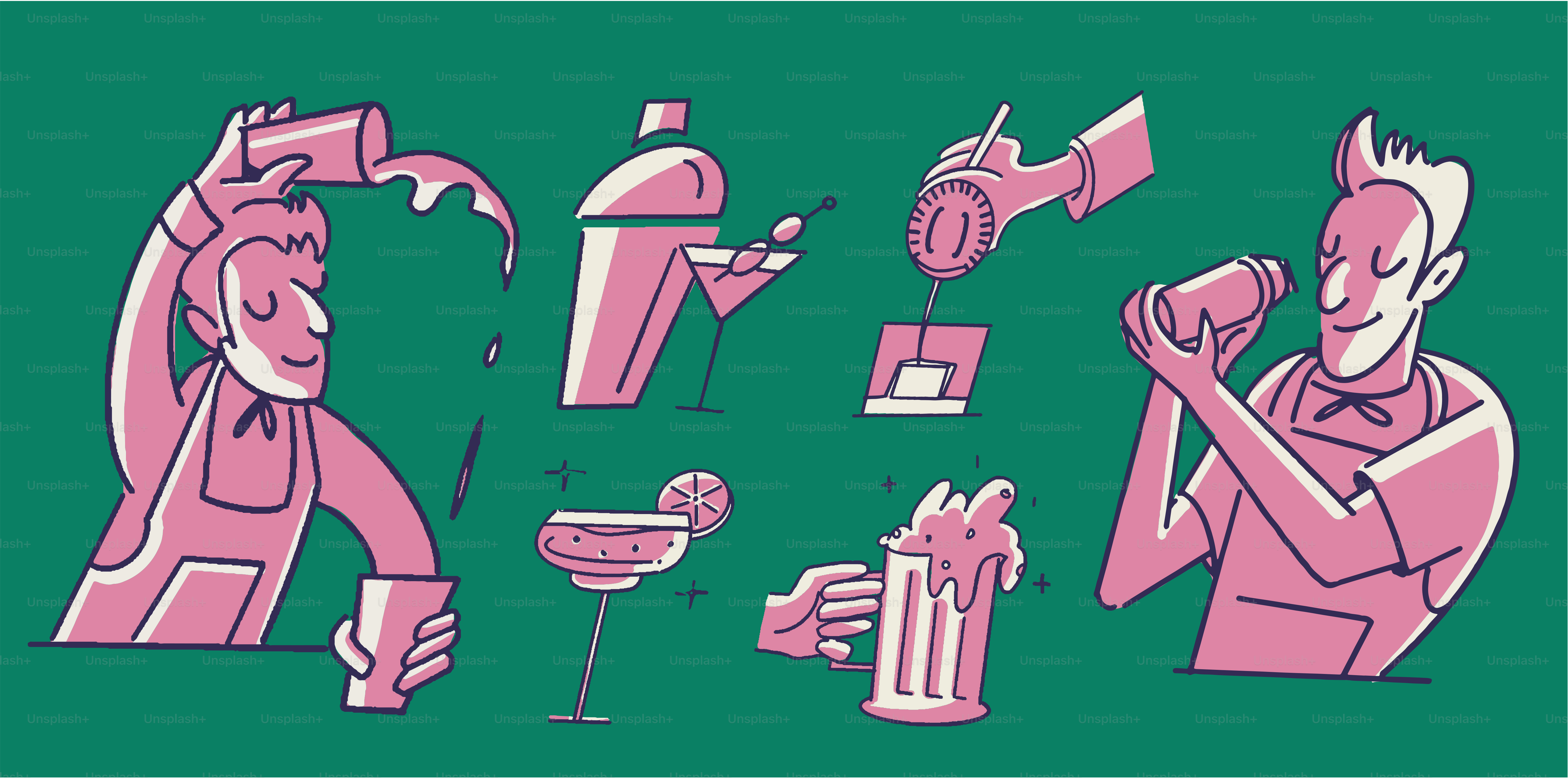 Bartenders preparing drinks with different tools and ingredients.