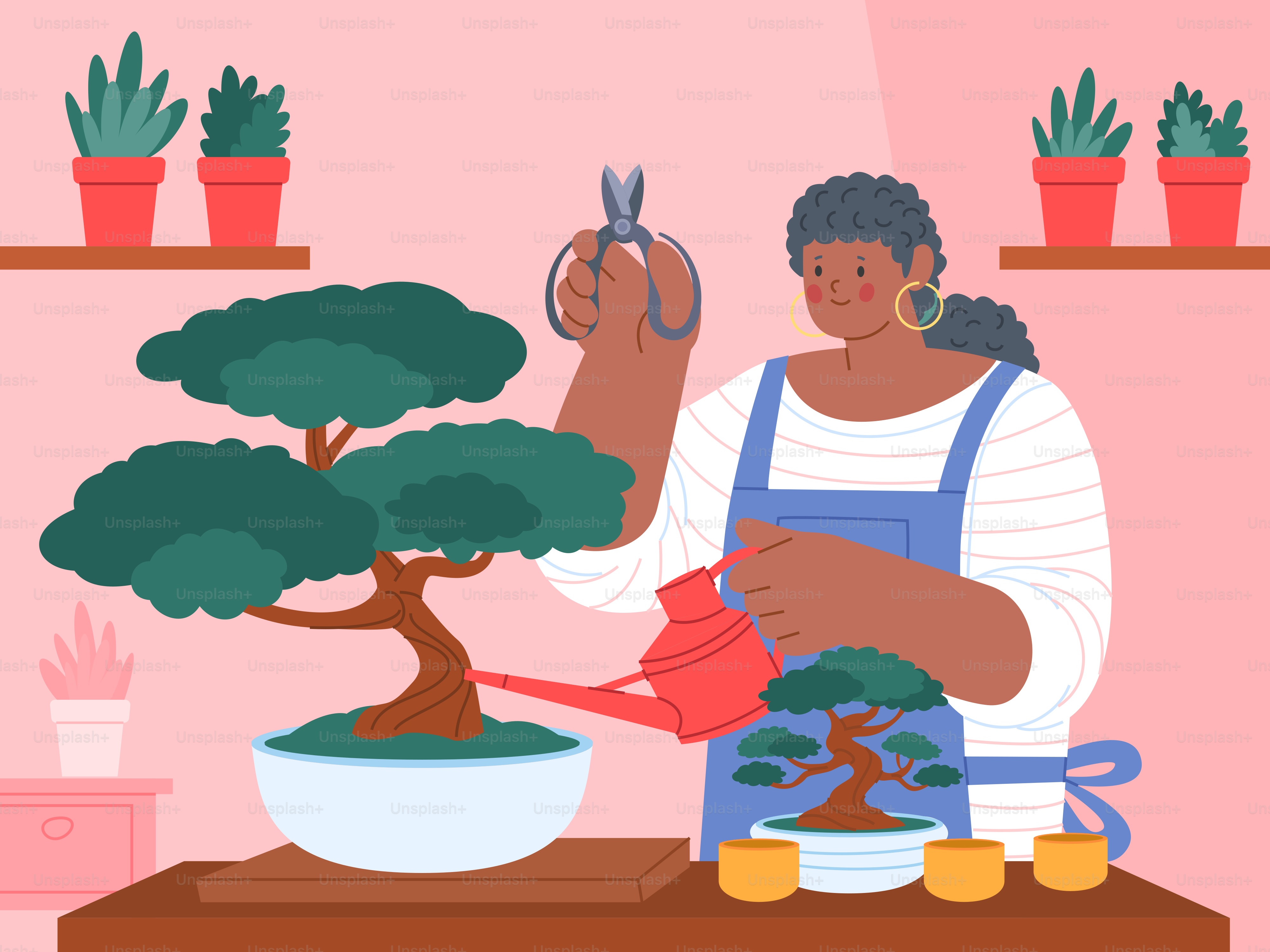 女性が盆栽の木に水をやり、剪定している。