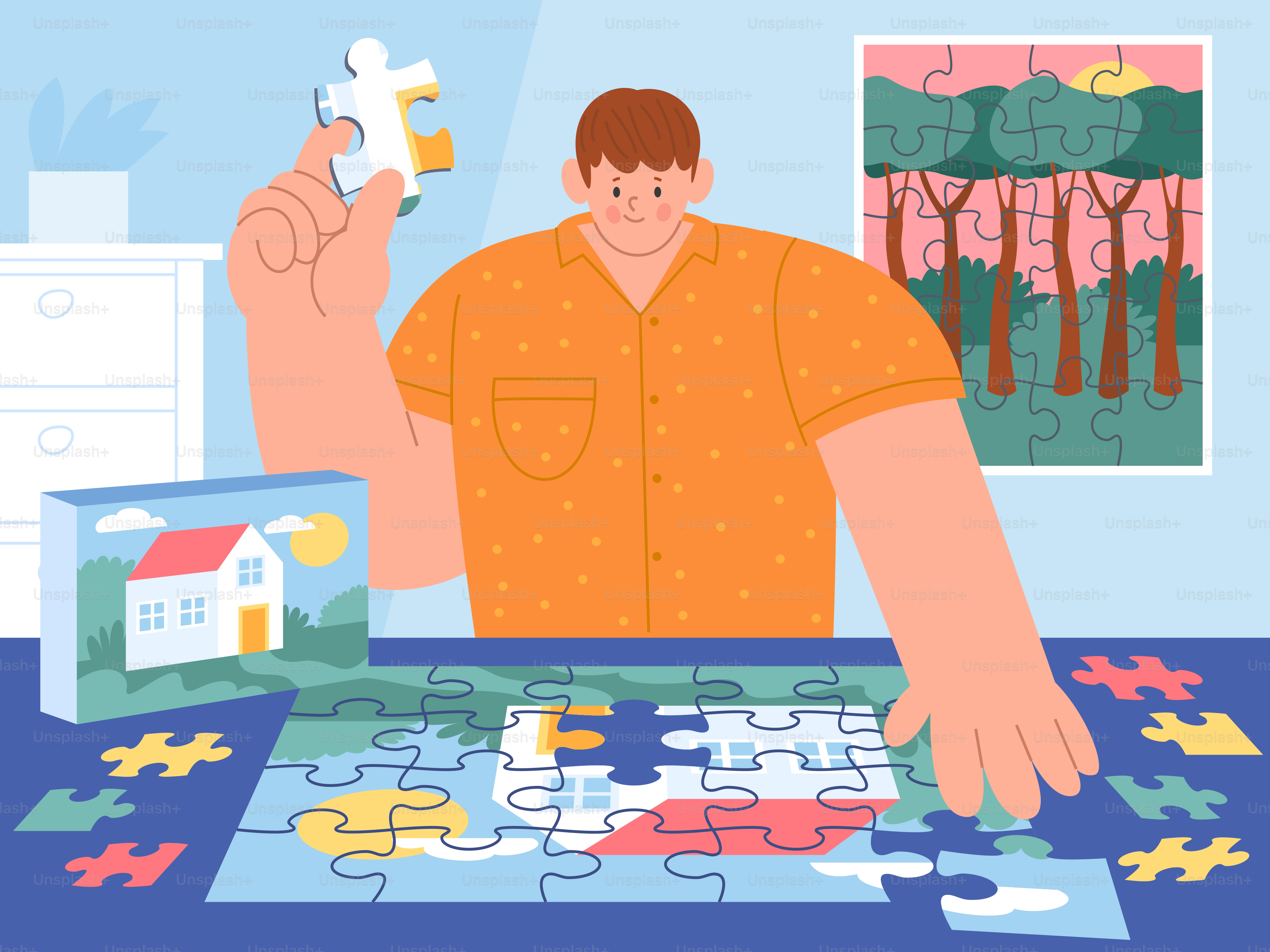 A man is completing a jigsaw puzzle.