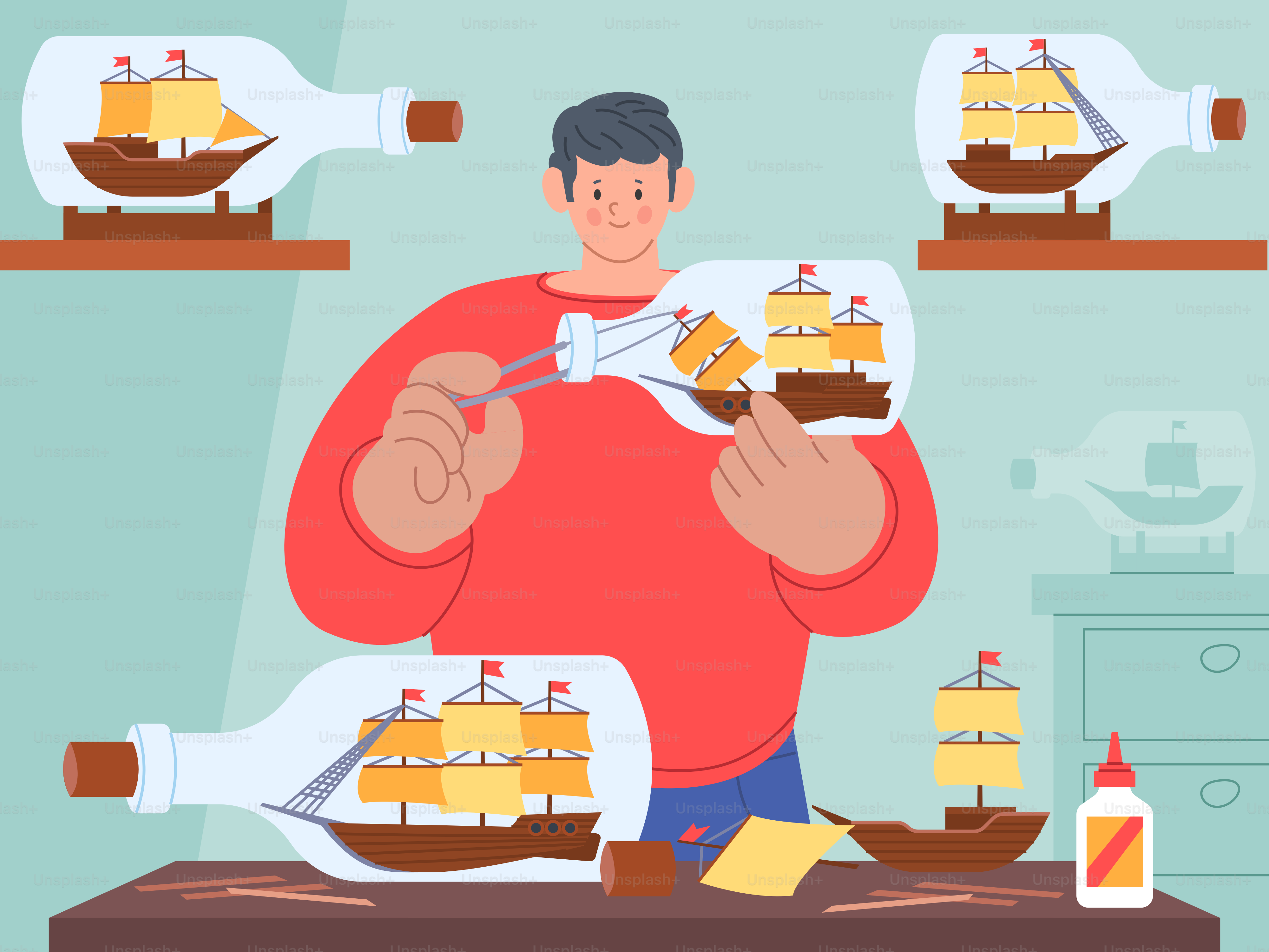 Um homem está construindo um navio em uma garrafa.