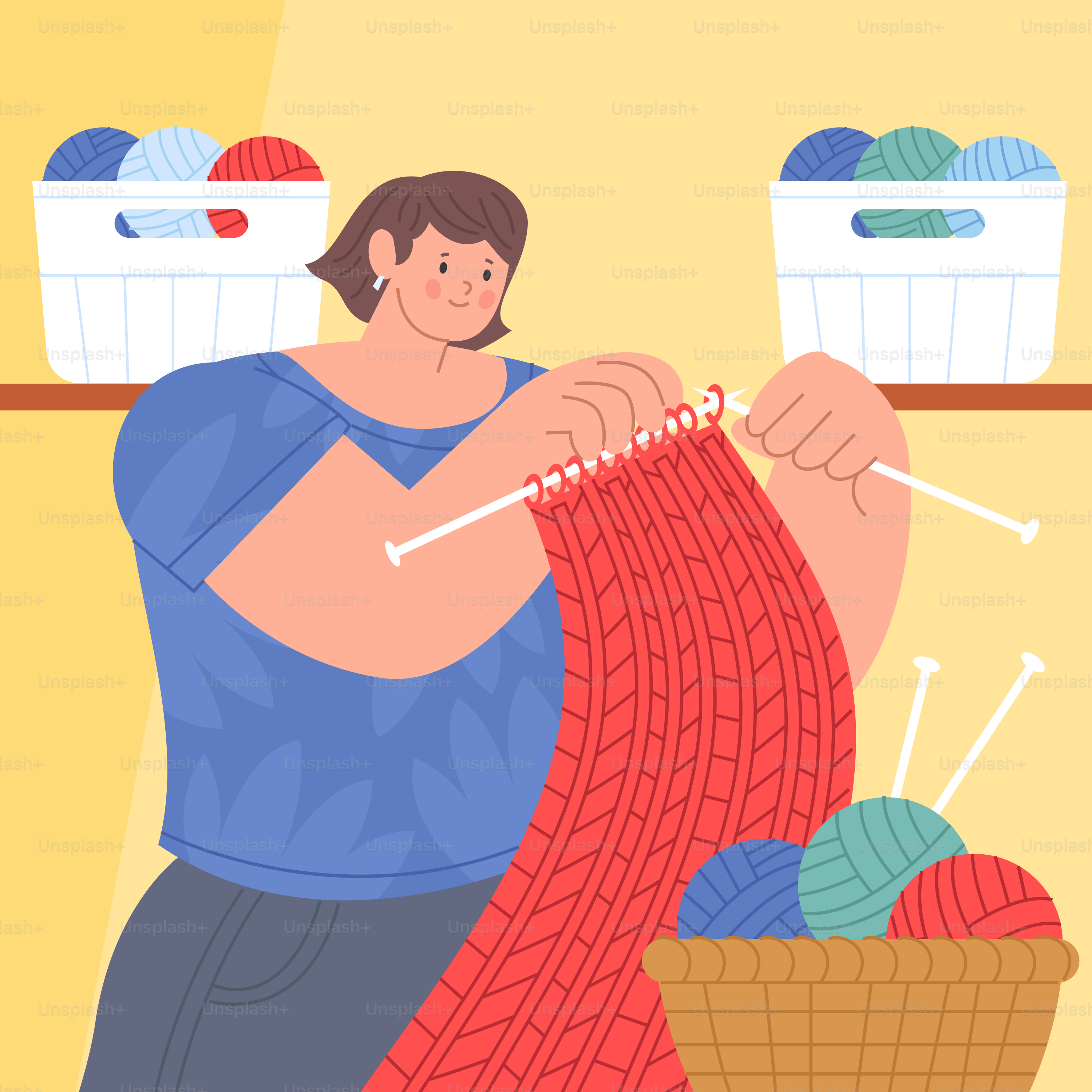 A woman is knitting with red yarn.