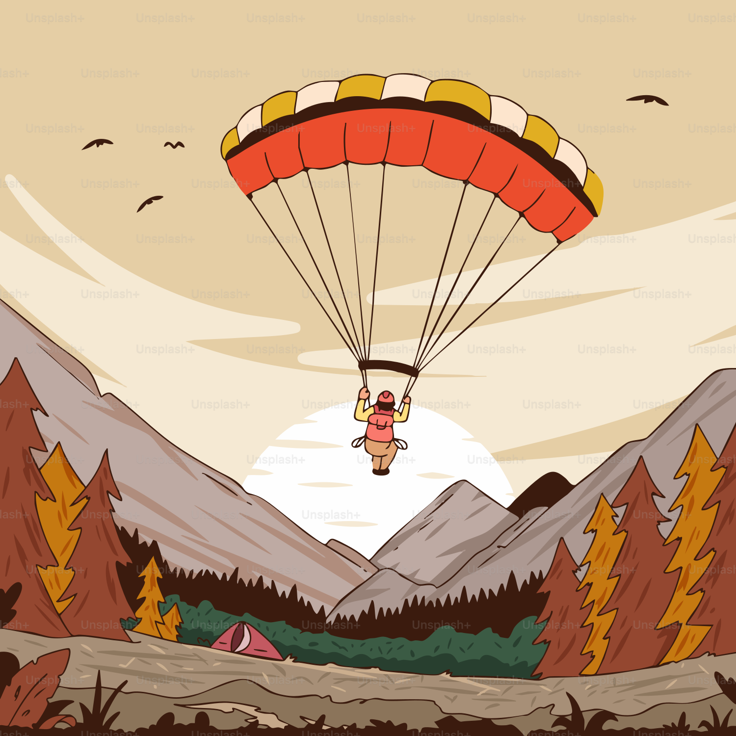 A person paraglides over a mountain landscape.