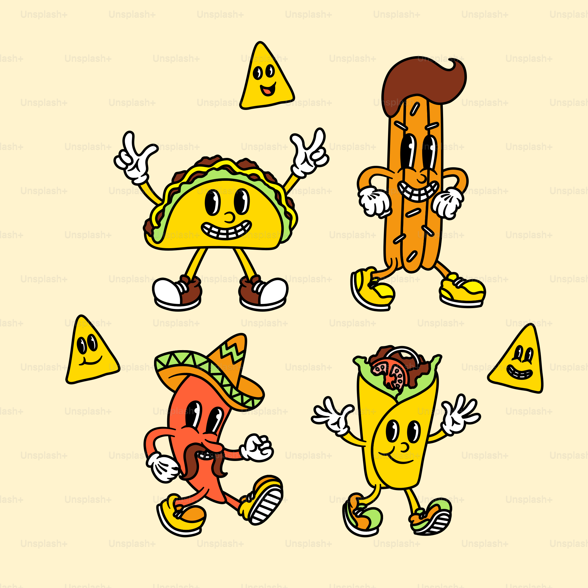Cheerful mexican food cartoon characters dance and play.