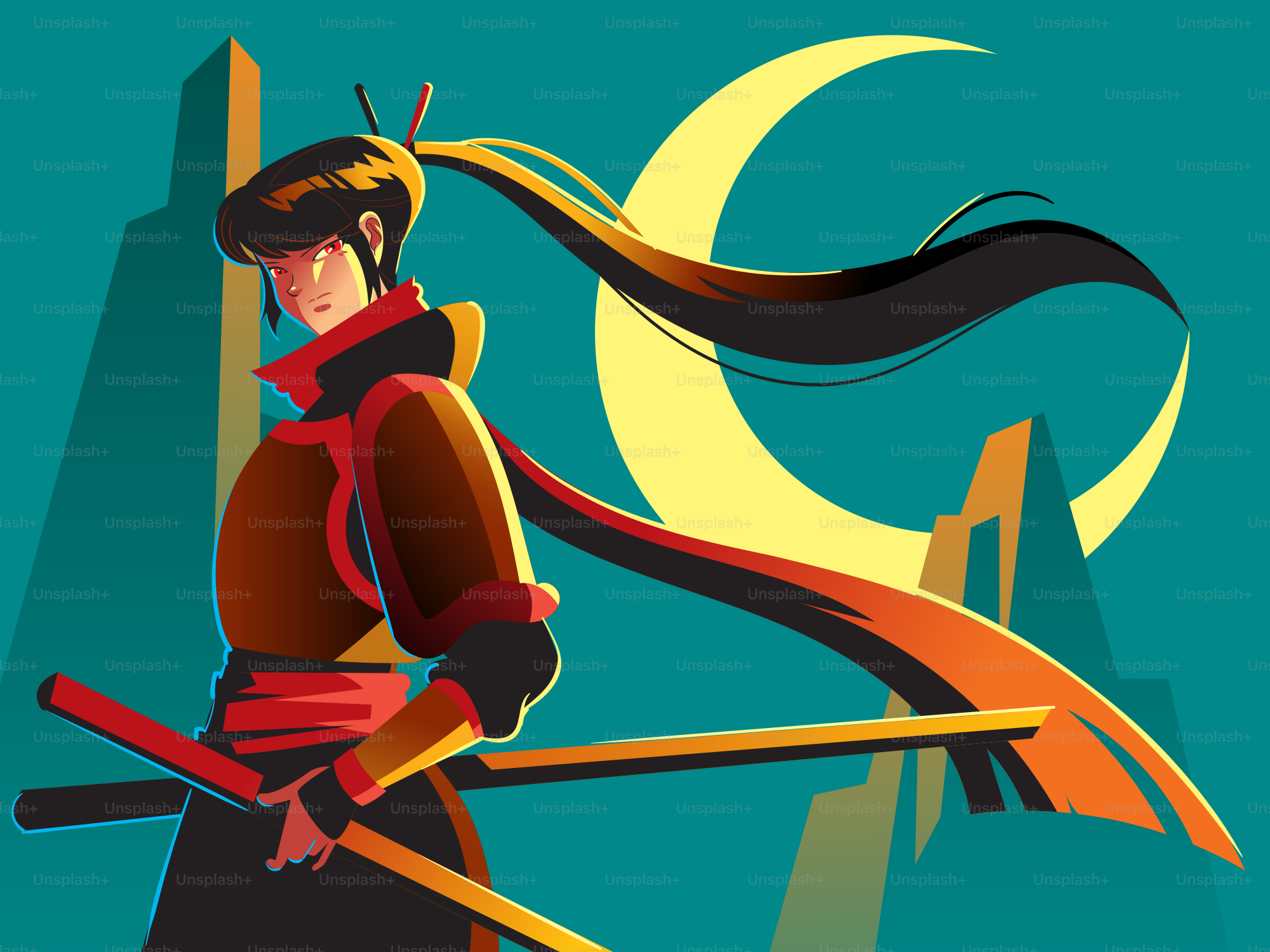 A female ninja poses with her swords.