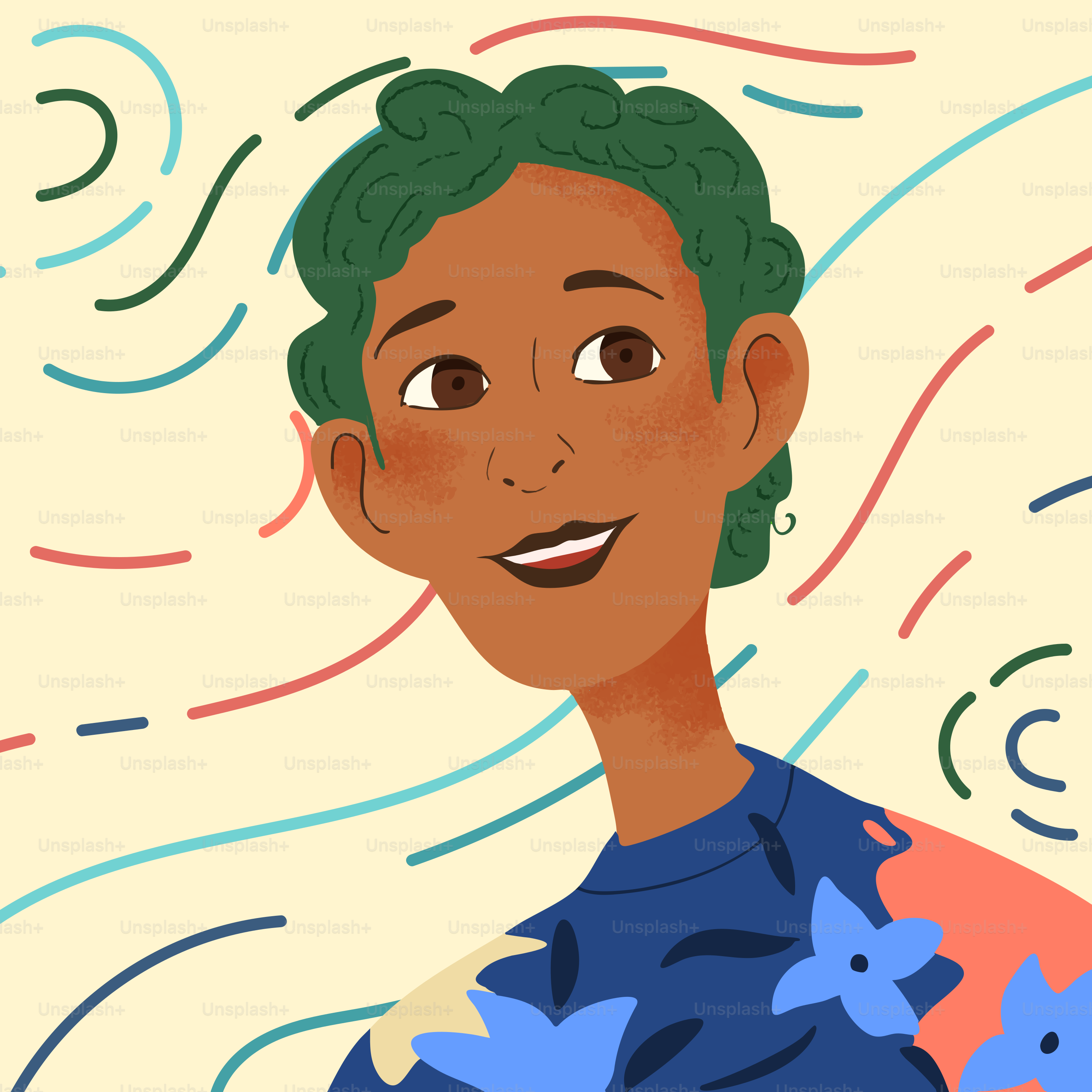 Smiling person with green hair and colorful background.